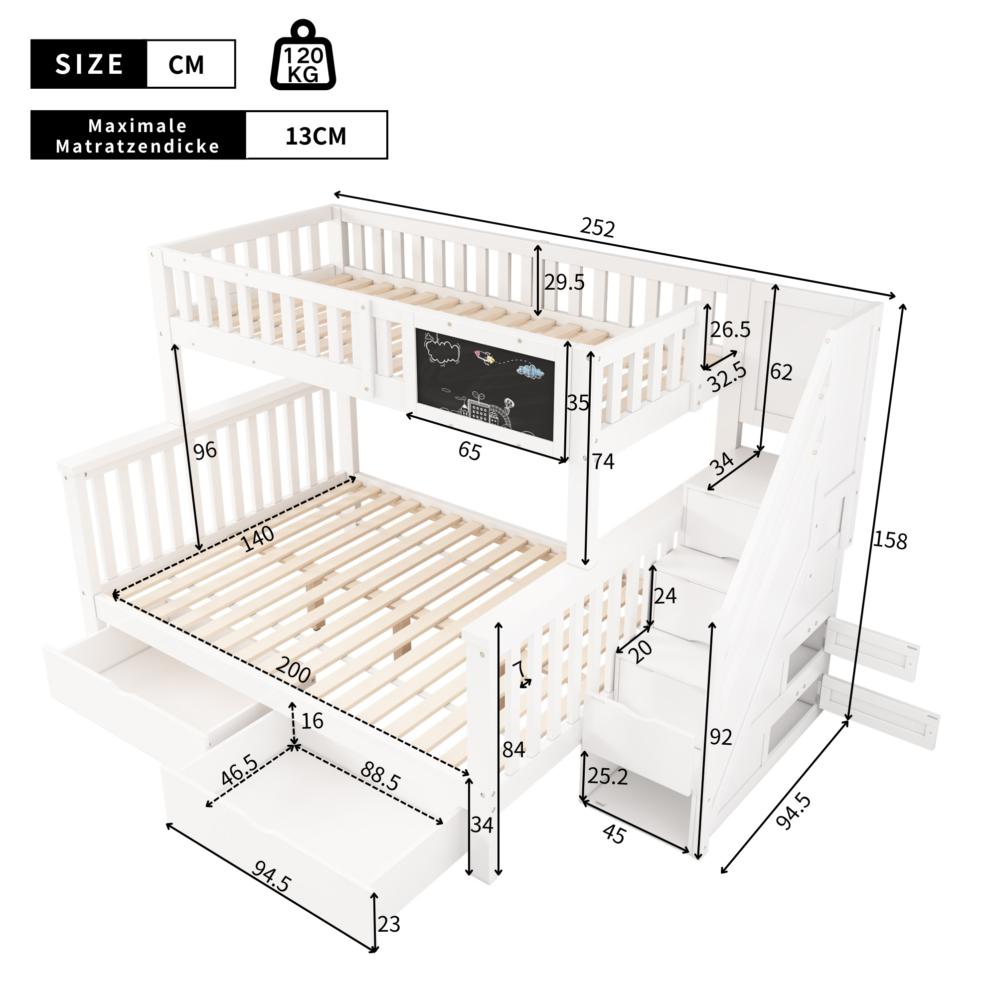 Children's Bunk Bed with Chalkboard and Drawers, 90x200 & 140x200cm, White