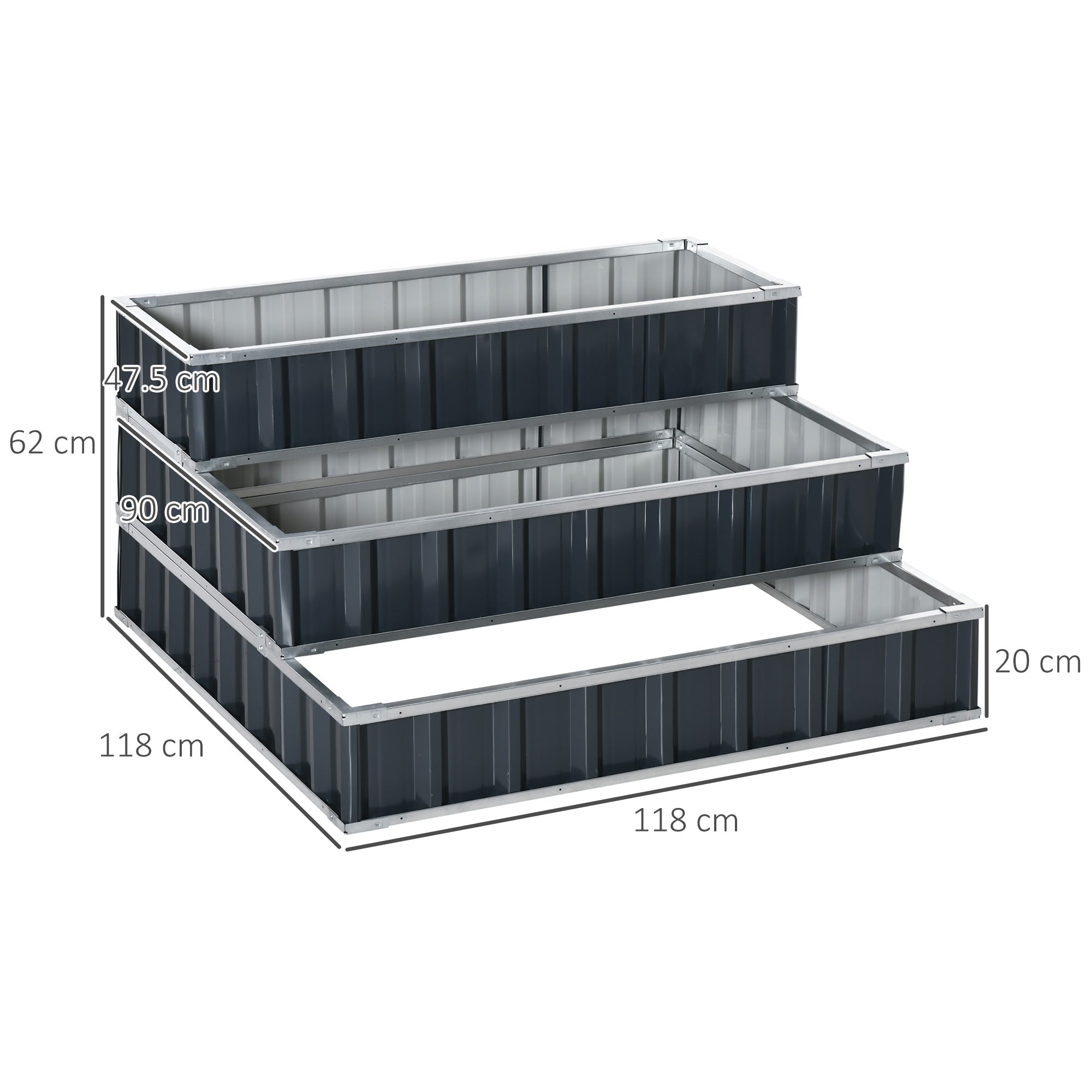 Steel Raised Garden Bed, 118x118x62 cm 3-Tier Flower Stand Weatherproof, Dark Grey Metal