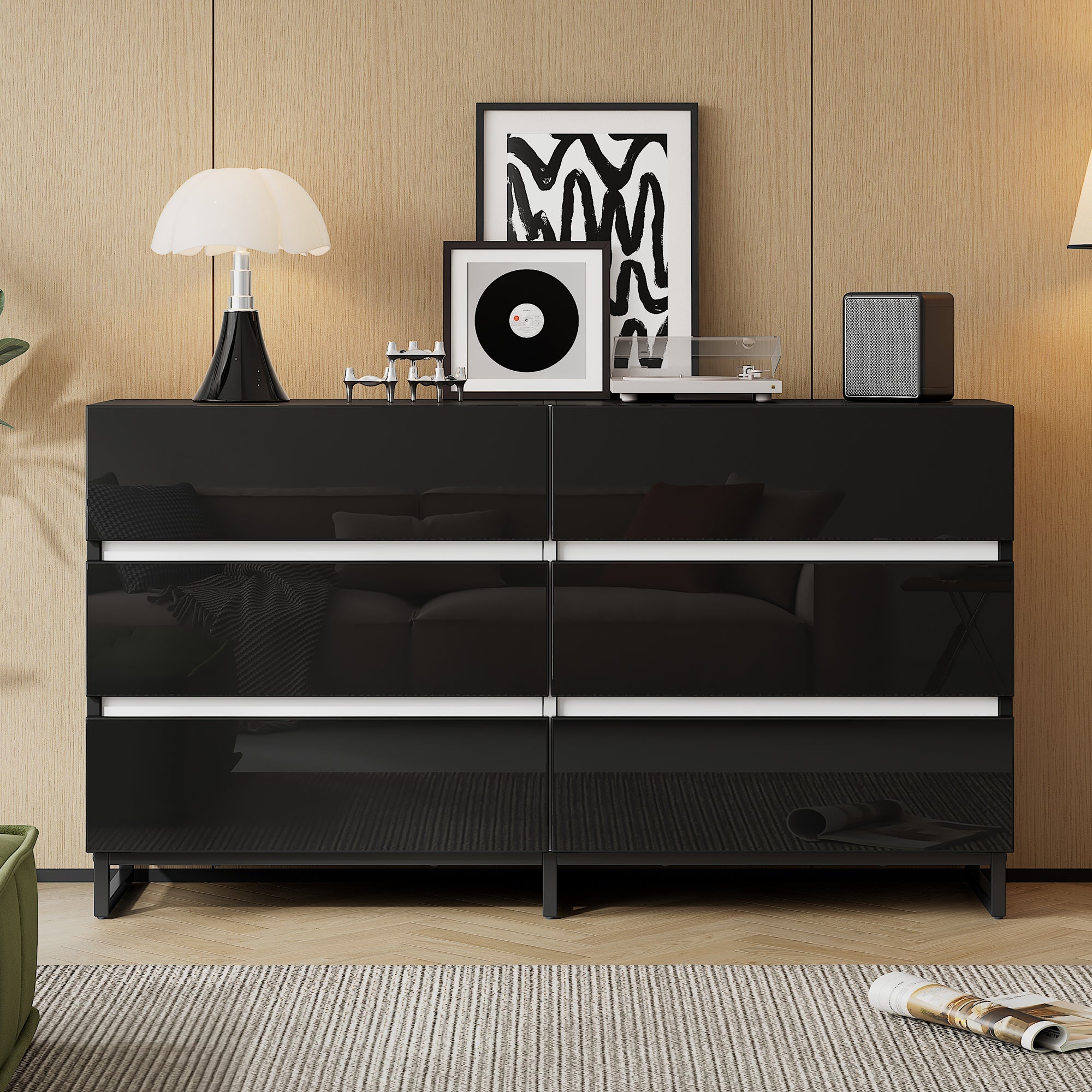 Living Room Sideboard, High-Gloss 6-Drawer Cabinet with Metal Legs, White+Black
