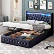 Upholstered Bed, 140x200cm LED Hydraulic Storage, Velvet Black