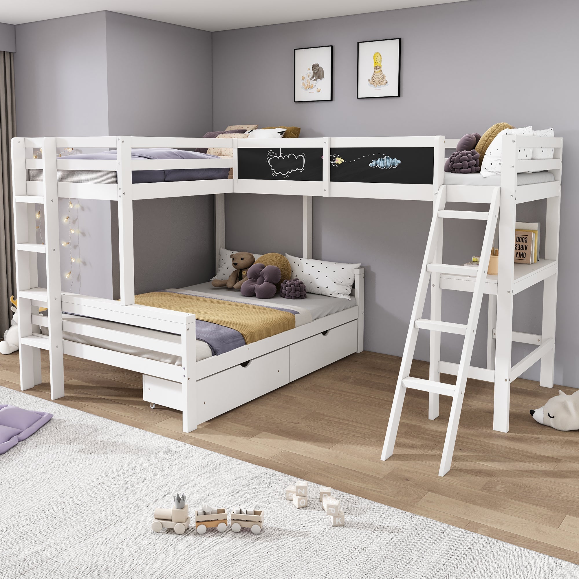 Children's Loft Bed with Desk, Shelf and Drawers, Sleeps Three, 90x200cm and 140x200cm, White Pine Wood
