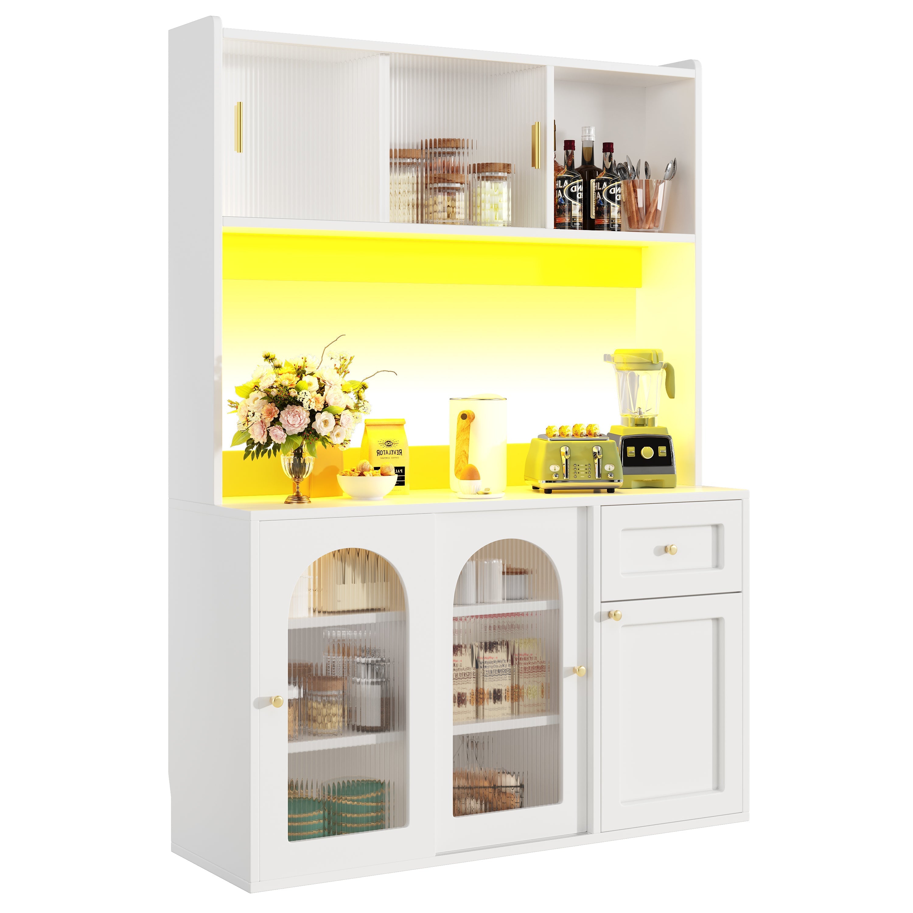 Kitchen Cabinet, Tall Display Buffet Sideboard with LED Lighting and Adjustable Shelves, White/Black