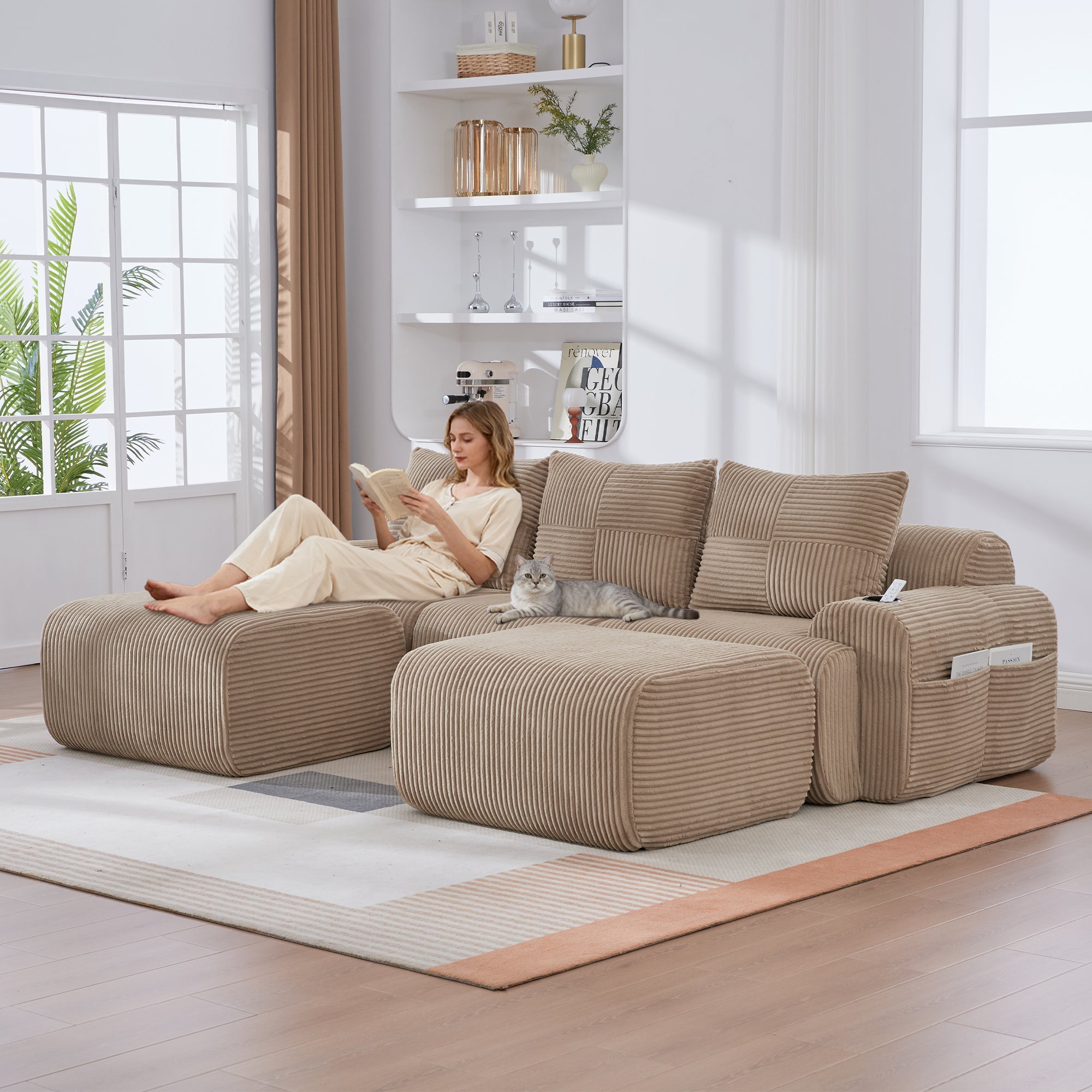 3-Seater Modular Sofa with Ottomans, Cup Holders and Side Pocket, Khaki Corduroy