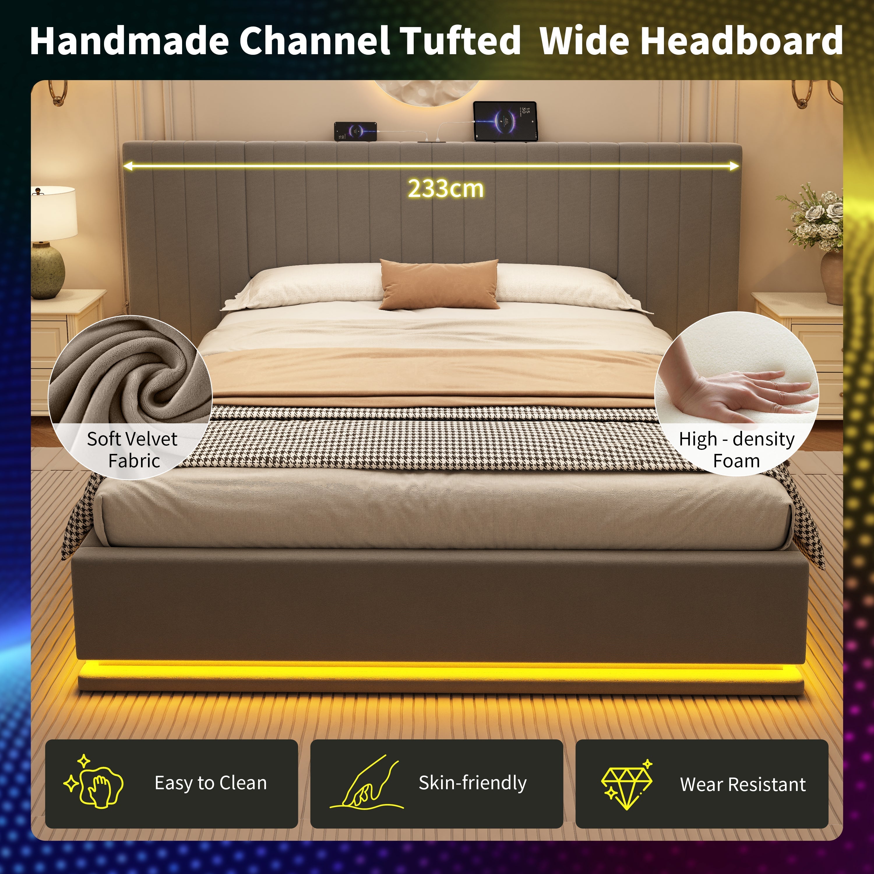 King Ottoman Bed with LED Storage and Charging Station, Velvet Grey