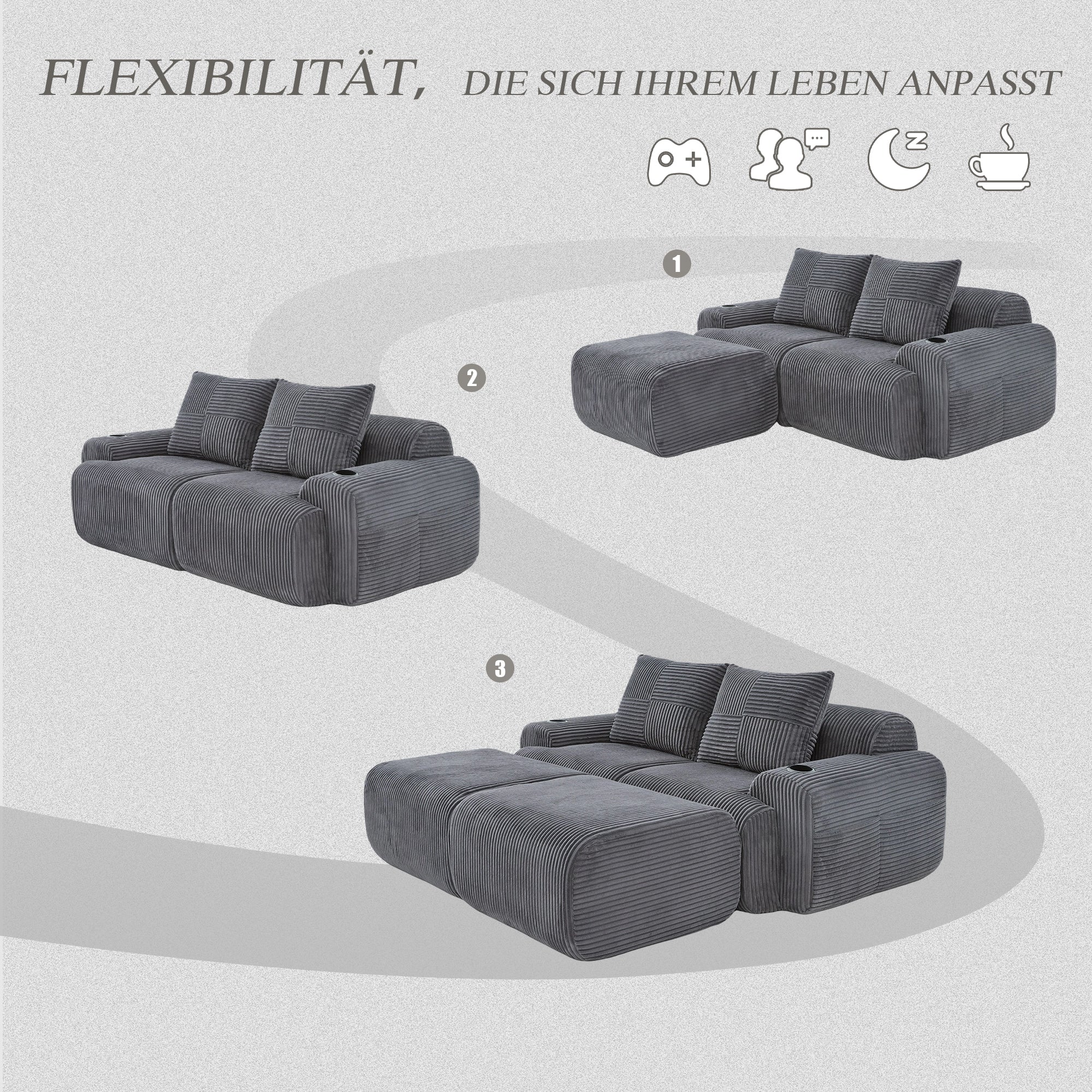 Modular 2-Seater Corduroy Sofa with Ottomans, Cup Holders and Storage Pocket, Dark Grey