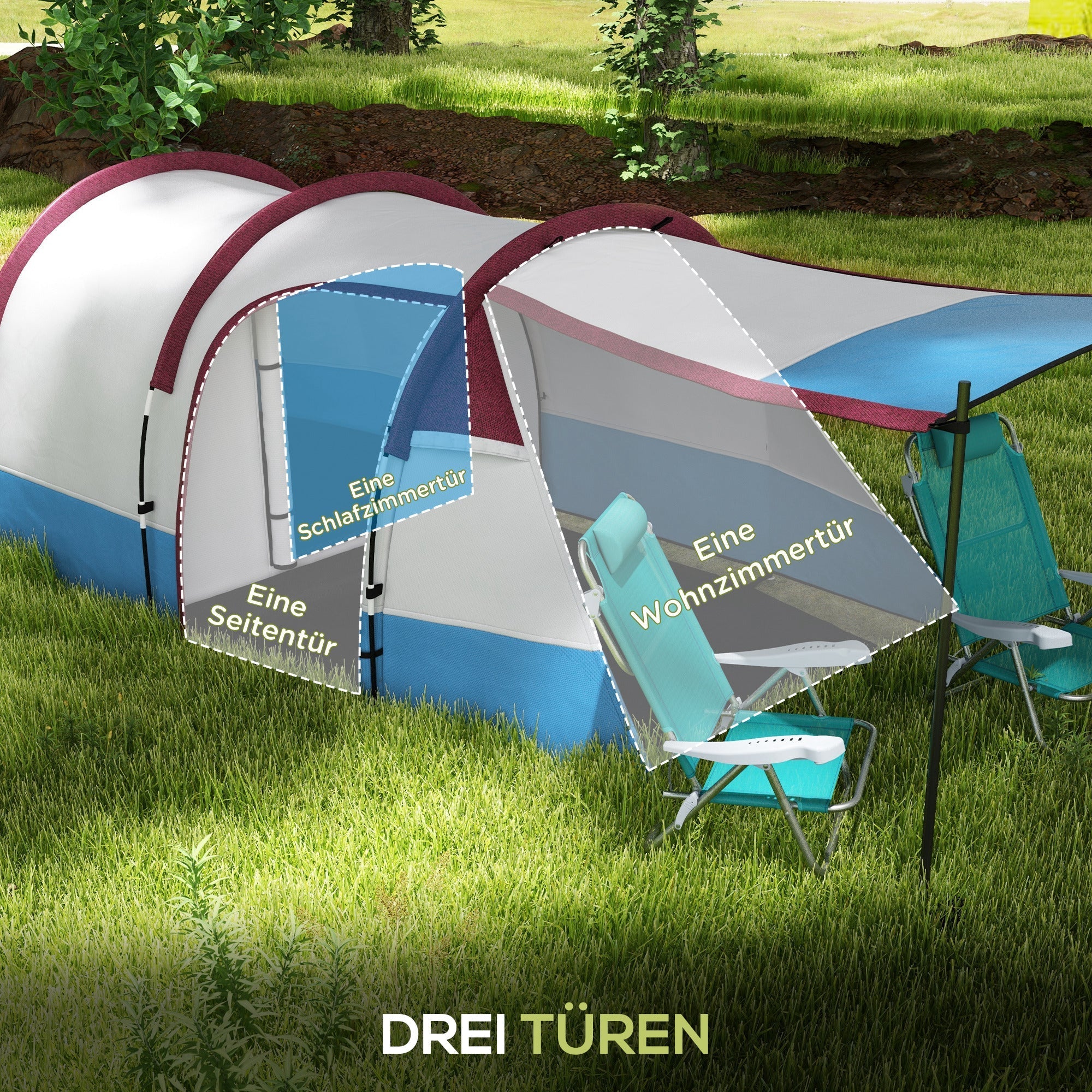 Campingzelt, 3-Personen-Tunnelzelt, Lichthaken & 2 Räume, Rot