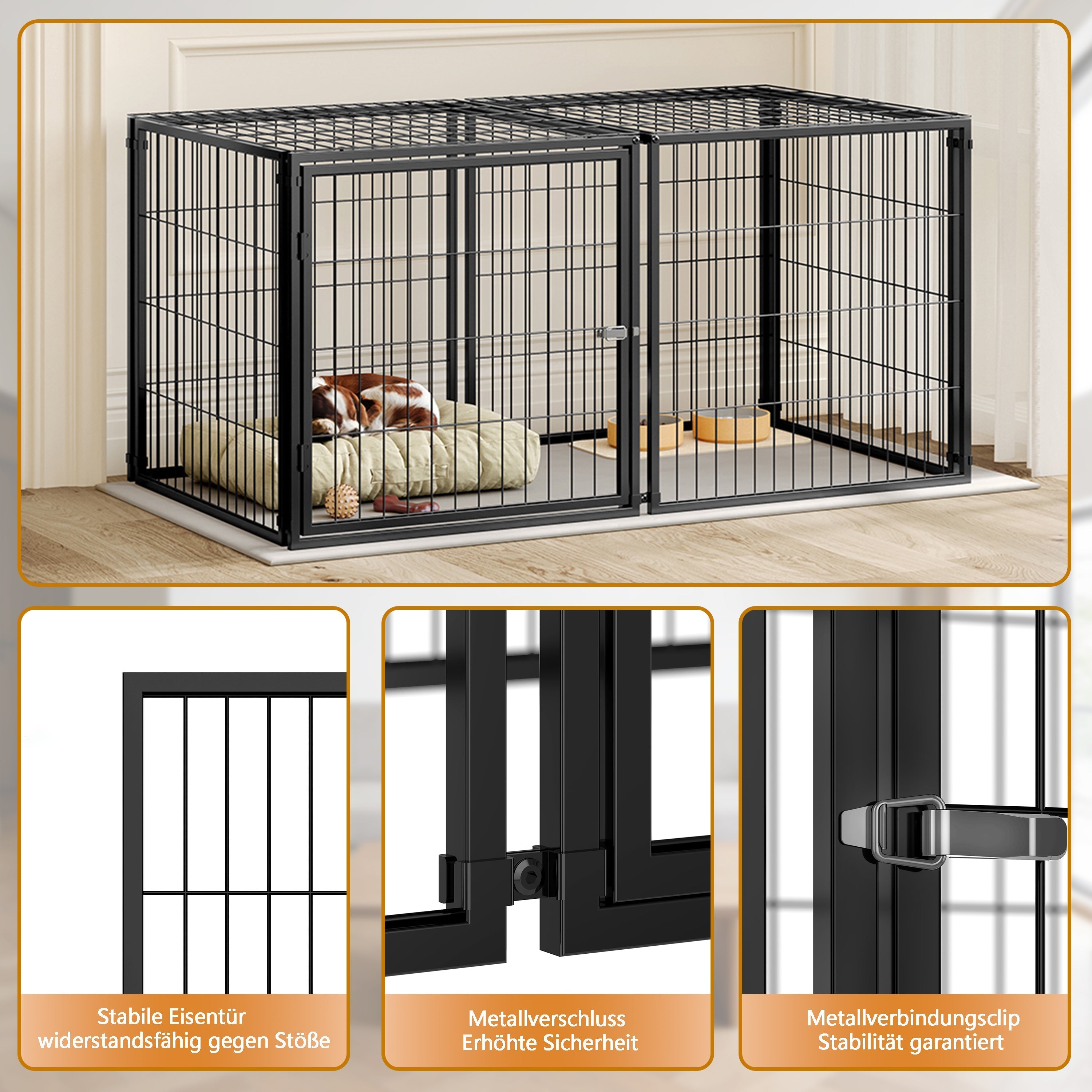 Basics Modular Dog Crate Flexible Safety Lid Adjustable Door 120x60x60cm - Black Steel