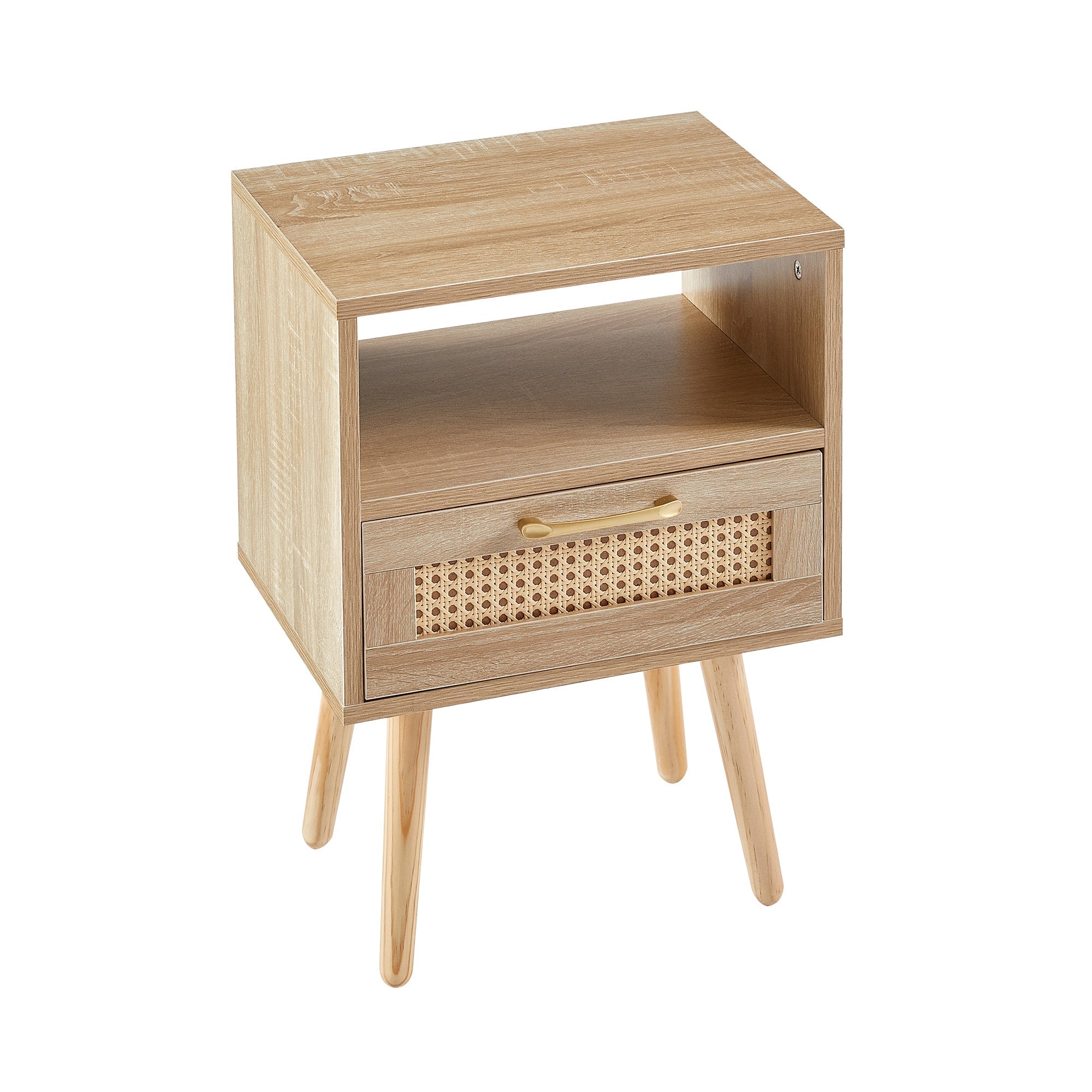 Rattan Side Table Drawer Solid Wood Legs Modern Bedside Natural Wood Look