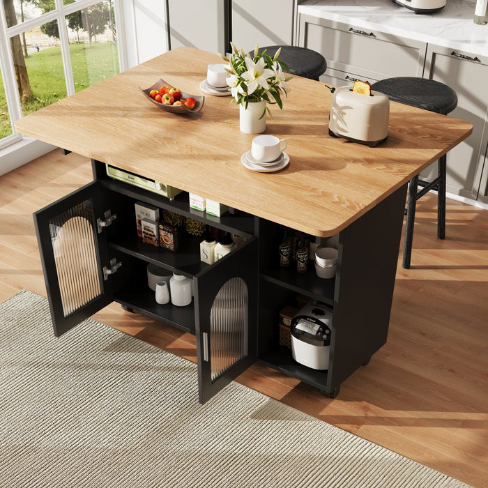 Kitchen Island Dining Cart - Multifunctional Table, Removable Trolley, Storage - Wood Grain Black