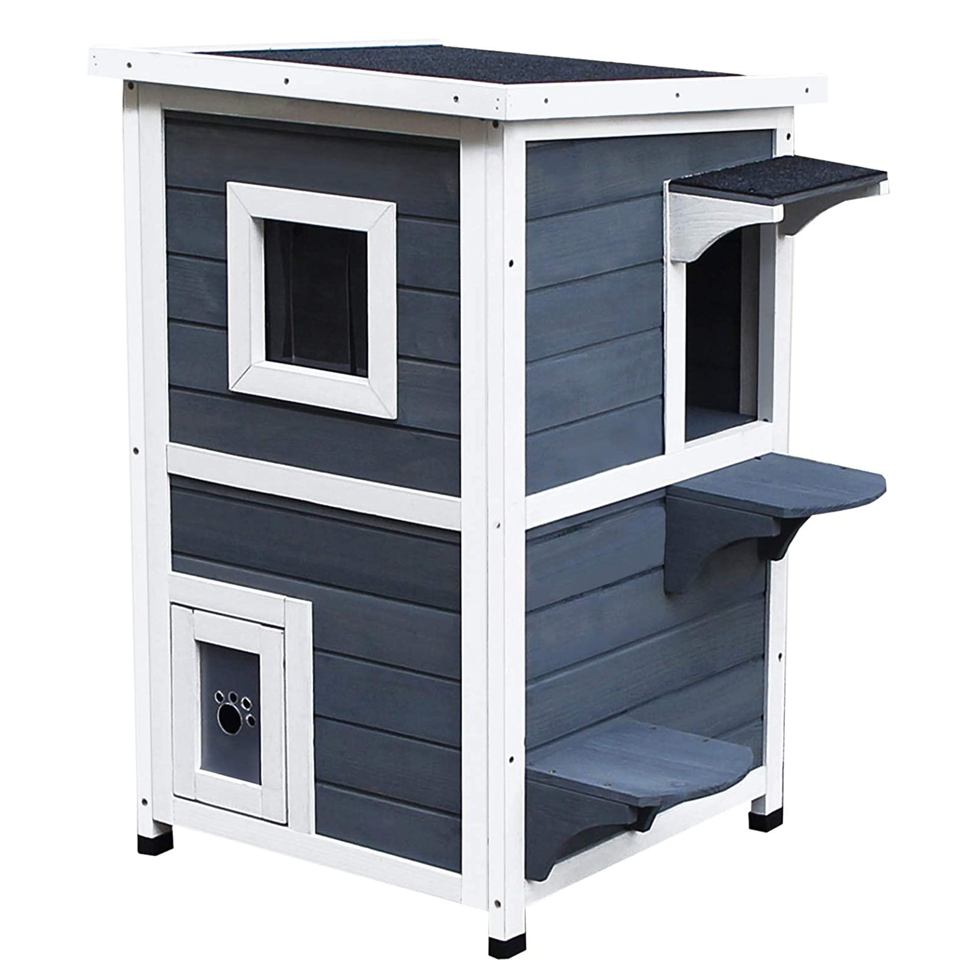 Cat House 2-Level Villa with Stairs, Grey Fir Wood