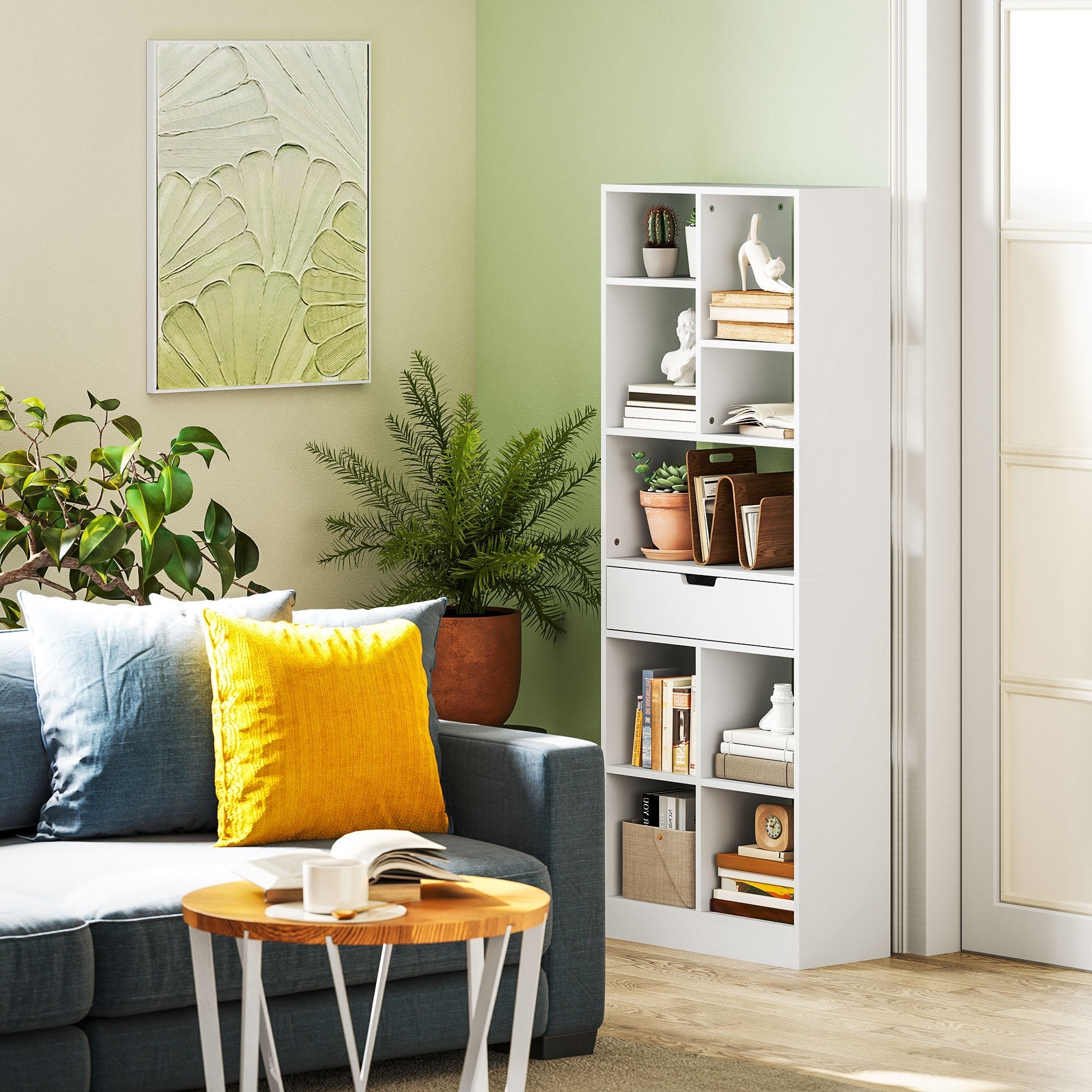 Bookshelf 9 Shelves 1 Drawer Anti-Tip 60x26x158cm White