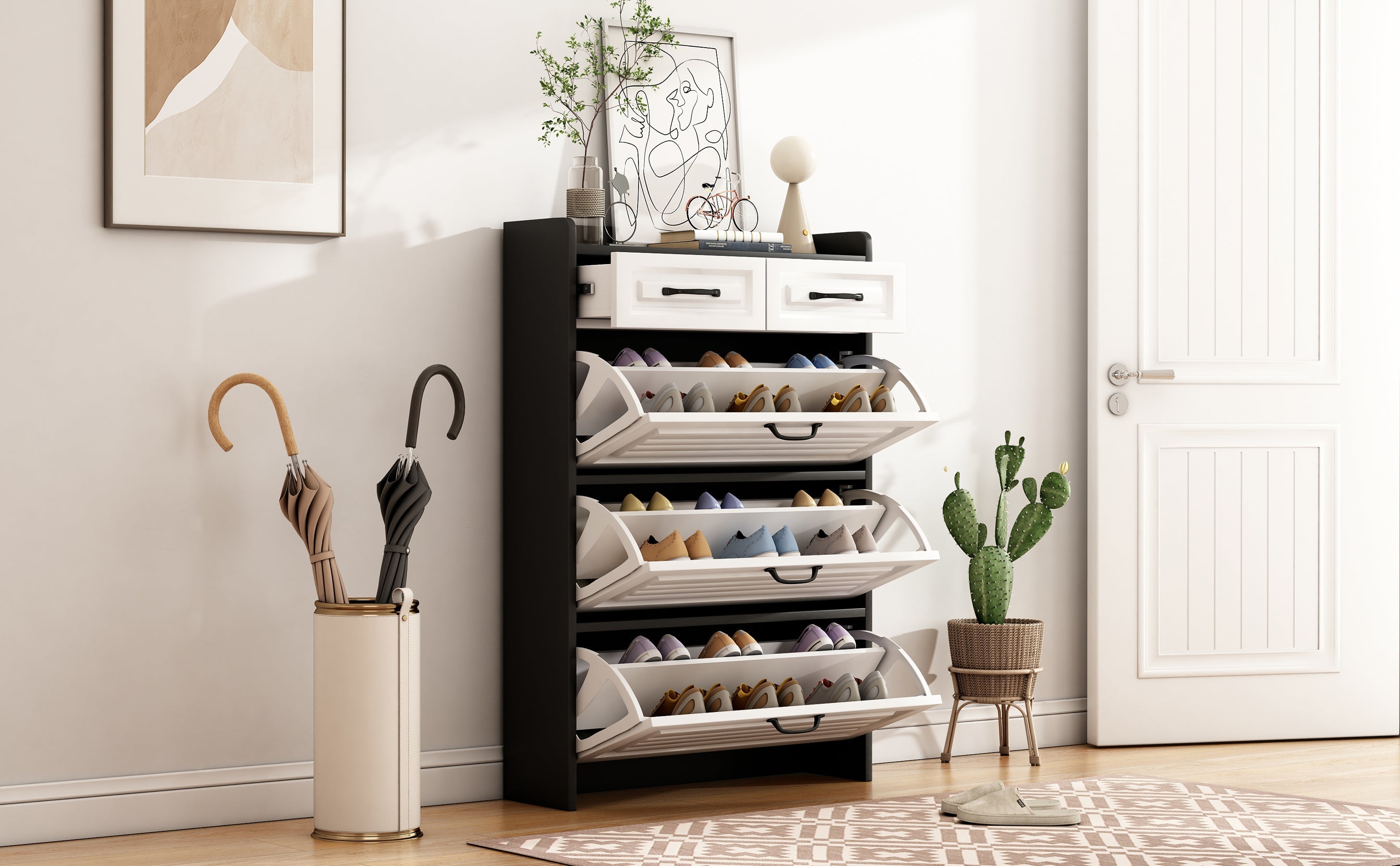 Shoe Cabinet with Rotating Rack 3 Doors 2 Drawers W80cm Wooden