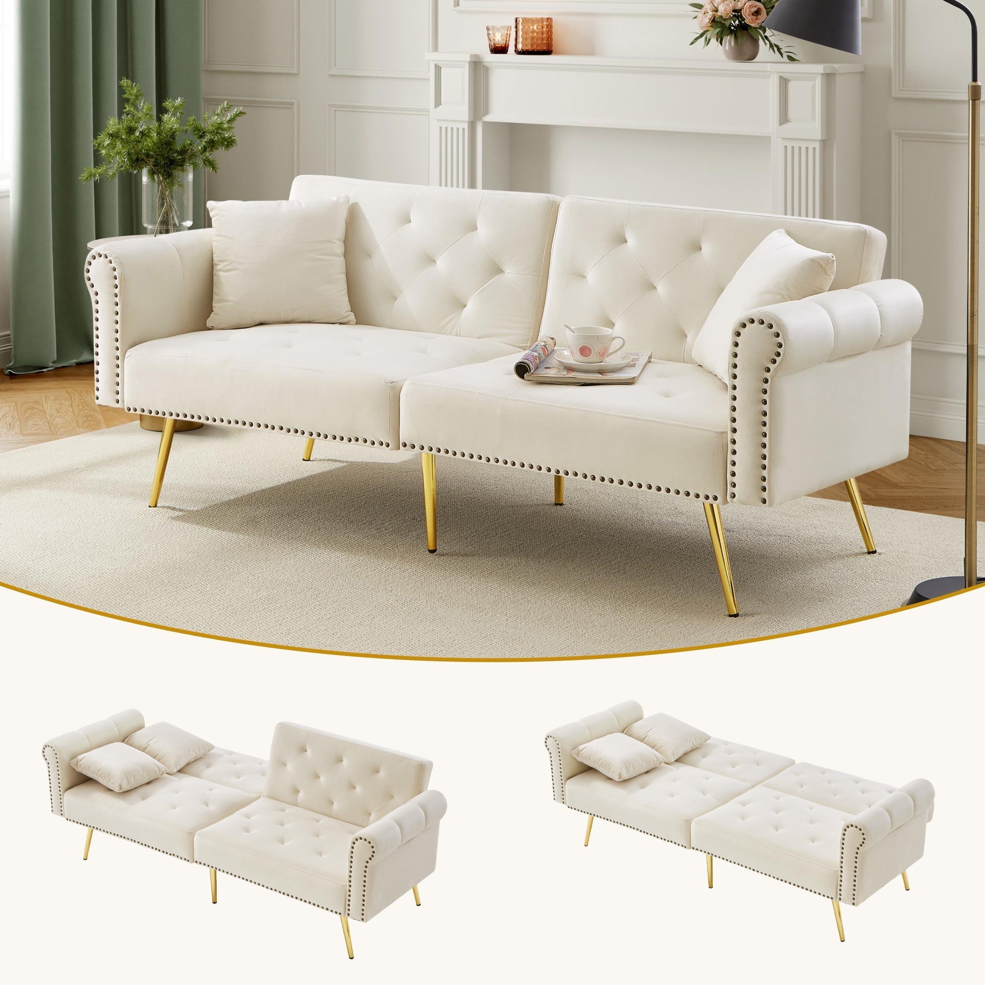 Modernes 2-Sitzer Schlafsofa mit 3-fach verstellbarer Rückenlehne, Samt