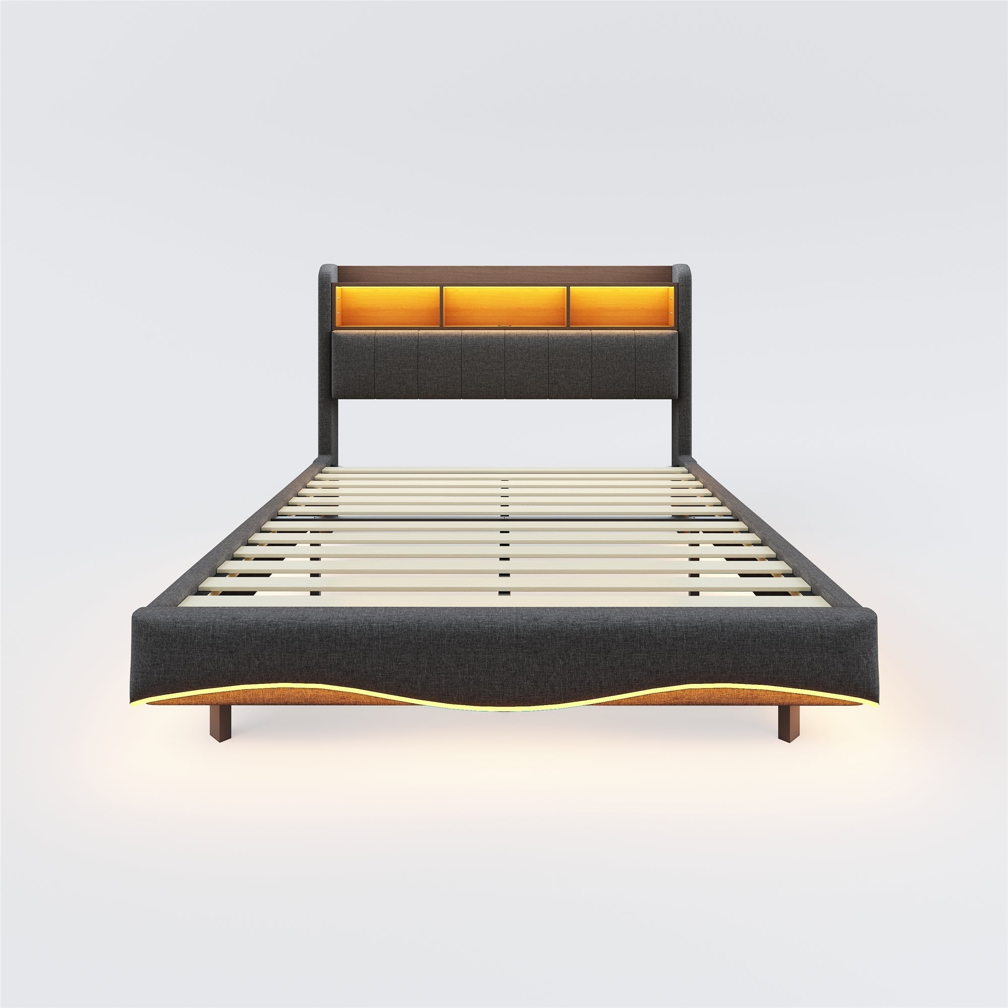 Upholstered Bed with LED Lighting, USB & Type-C Ports, and Headboard Storage, Grey