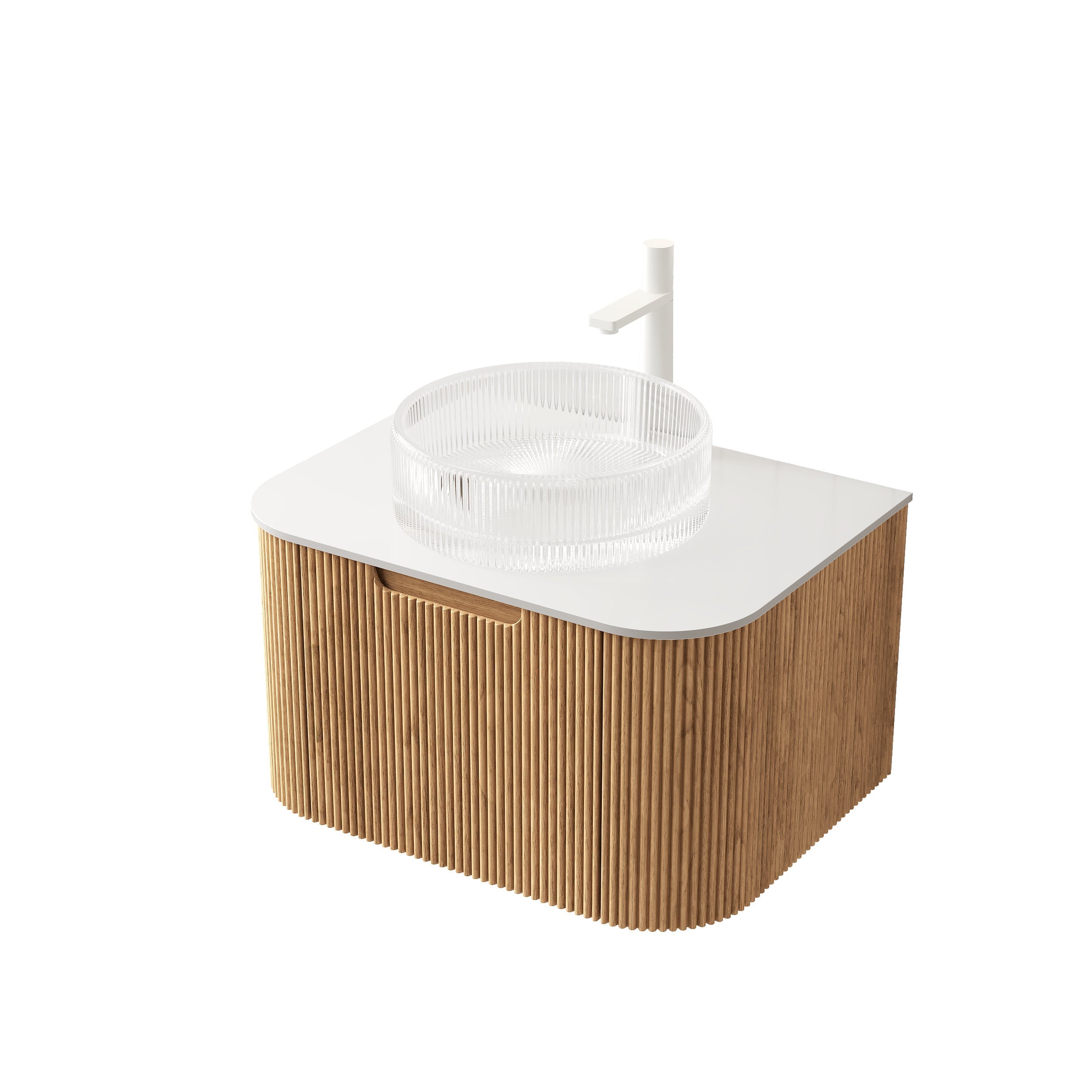 DINA 61cm Wall-Mounted Bathroom Vanity Unit with Glass Basin & Drawer, Natural Wood
