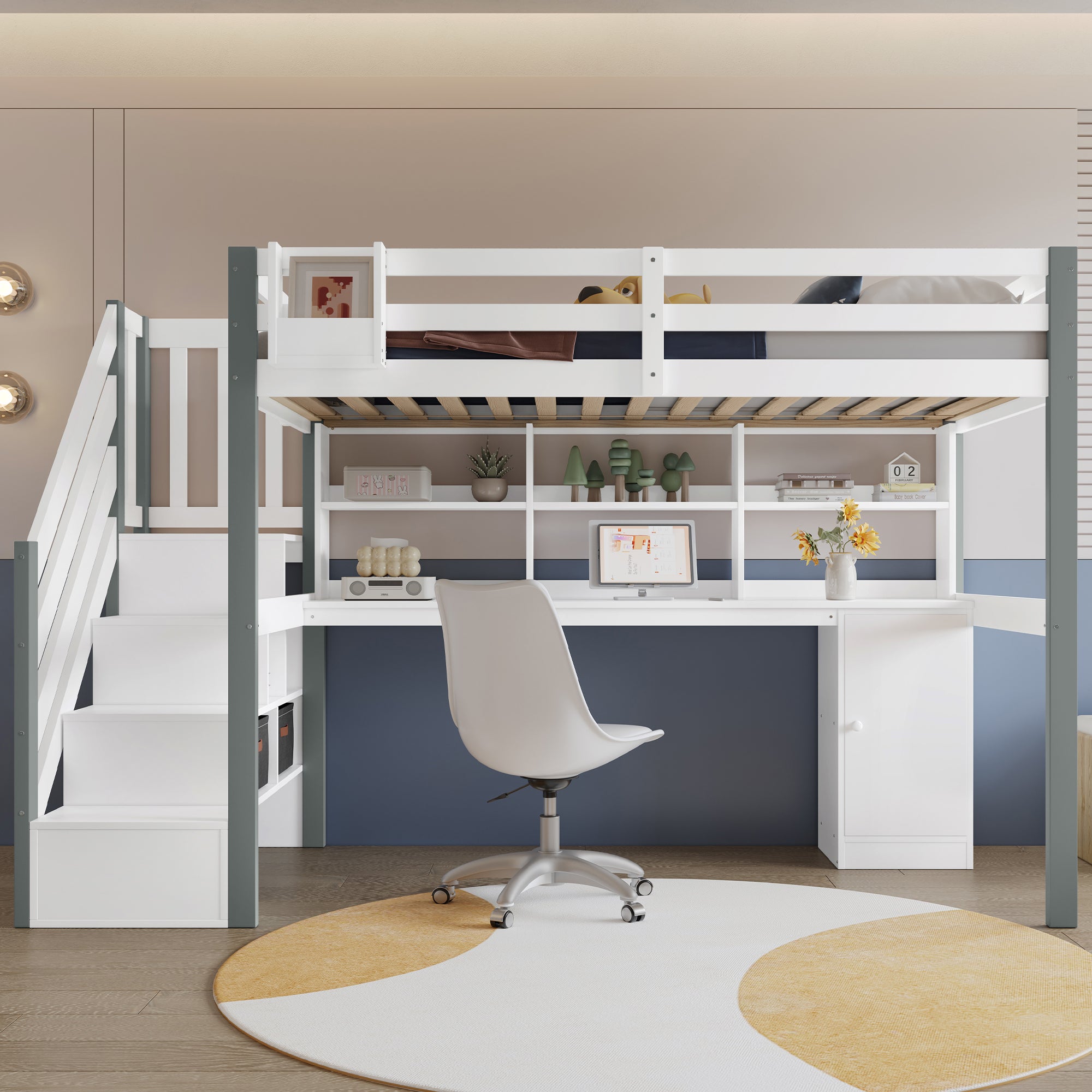 Mid-height bed, fabric storage box, side ladder, open shelf, desk and lockers, Pine+MDF, White+Grey