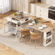 Kitchen Island Extendable Dining Bar Table with Wheels LED Lighting White