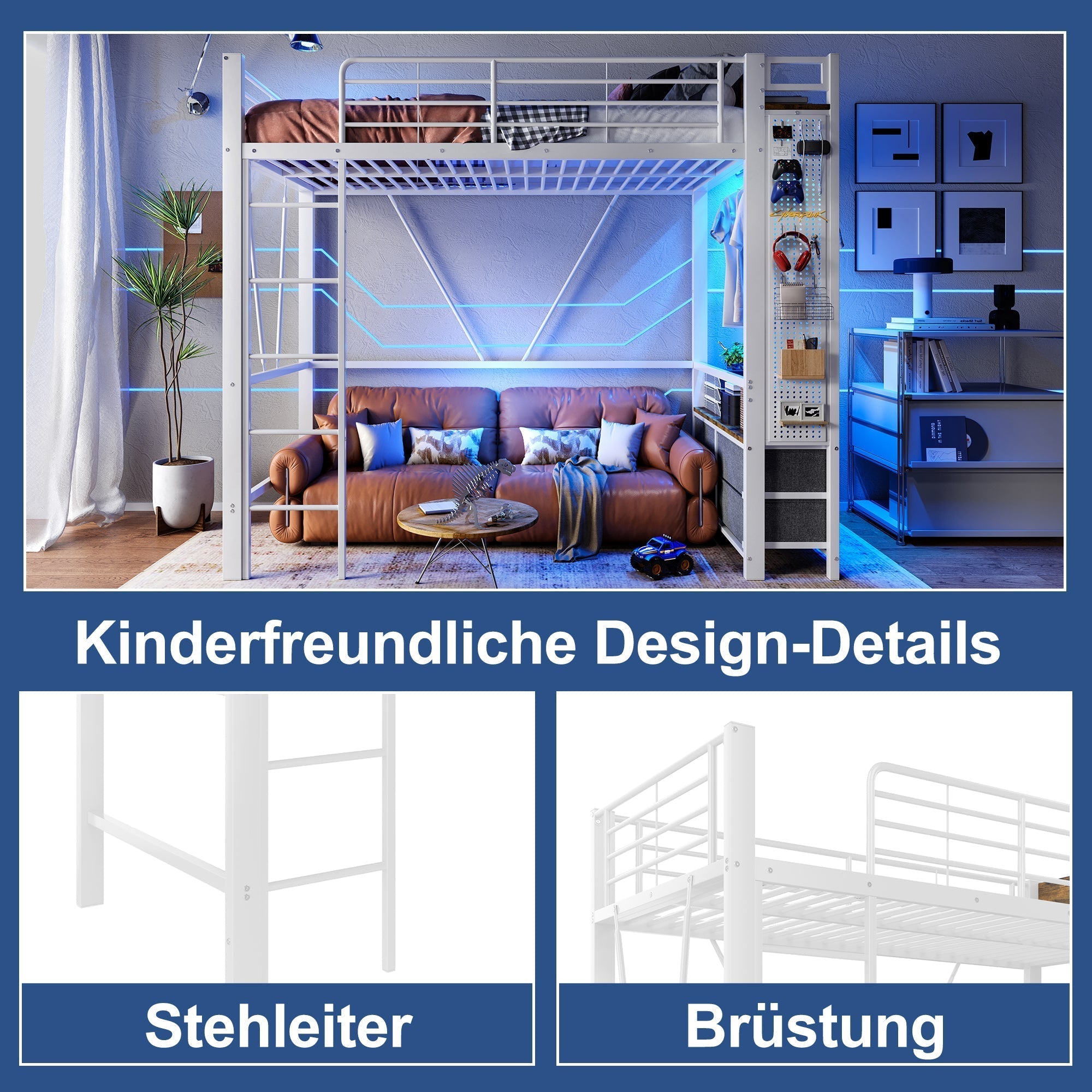 Loft Bed 90x200cm 4 Drawers USB/Type-C LED Pegboard Drying Rack - White Iron Frame