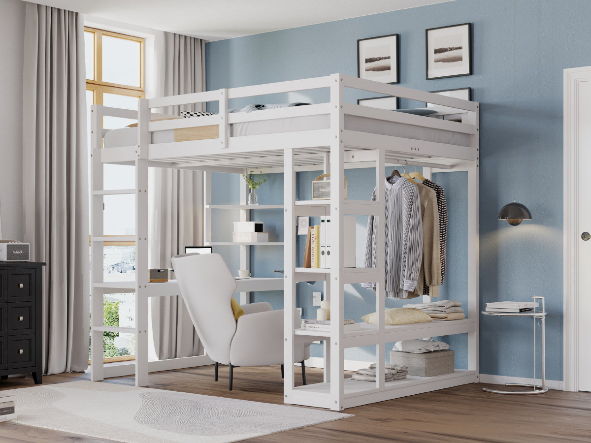 Loft Bed with Desk and Shelves, Solid Wood White and Grey