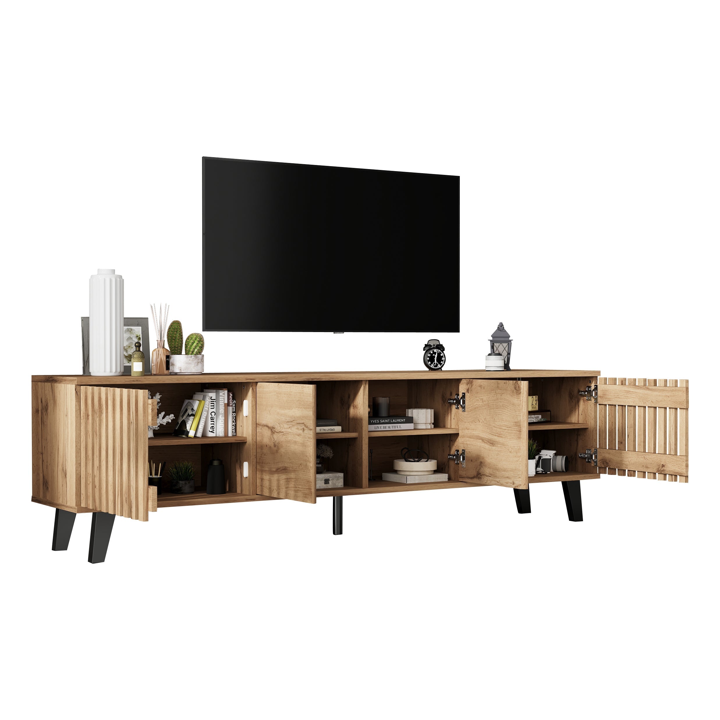 TV Cabinet 180x40x55cm Lowboard 8 Storage for 70-Inch TVs, Original Wood Color