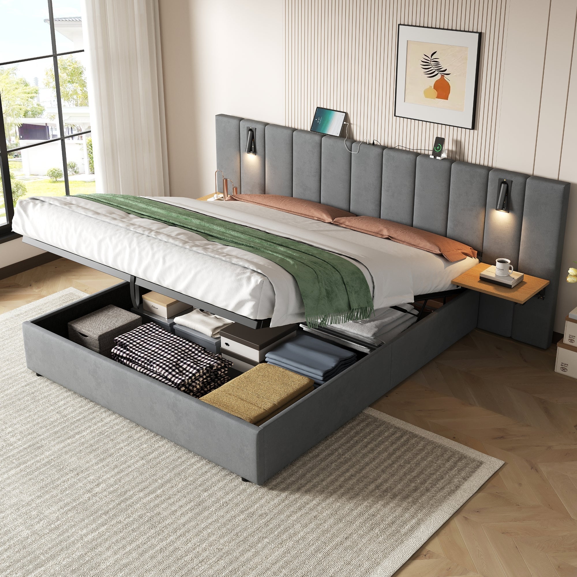 King Upholstered Bed with Charging Station, Hydraulic Storage, Reading Light, Grey Velvet