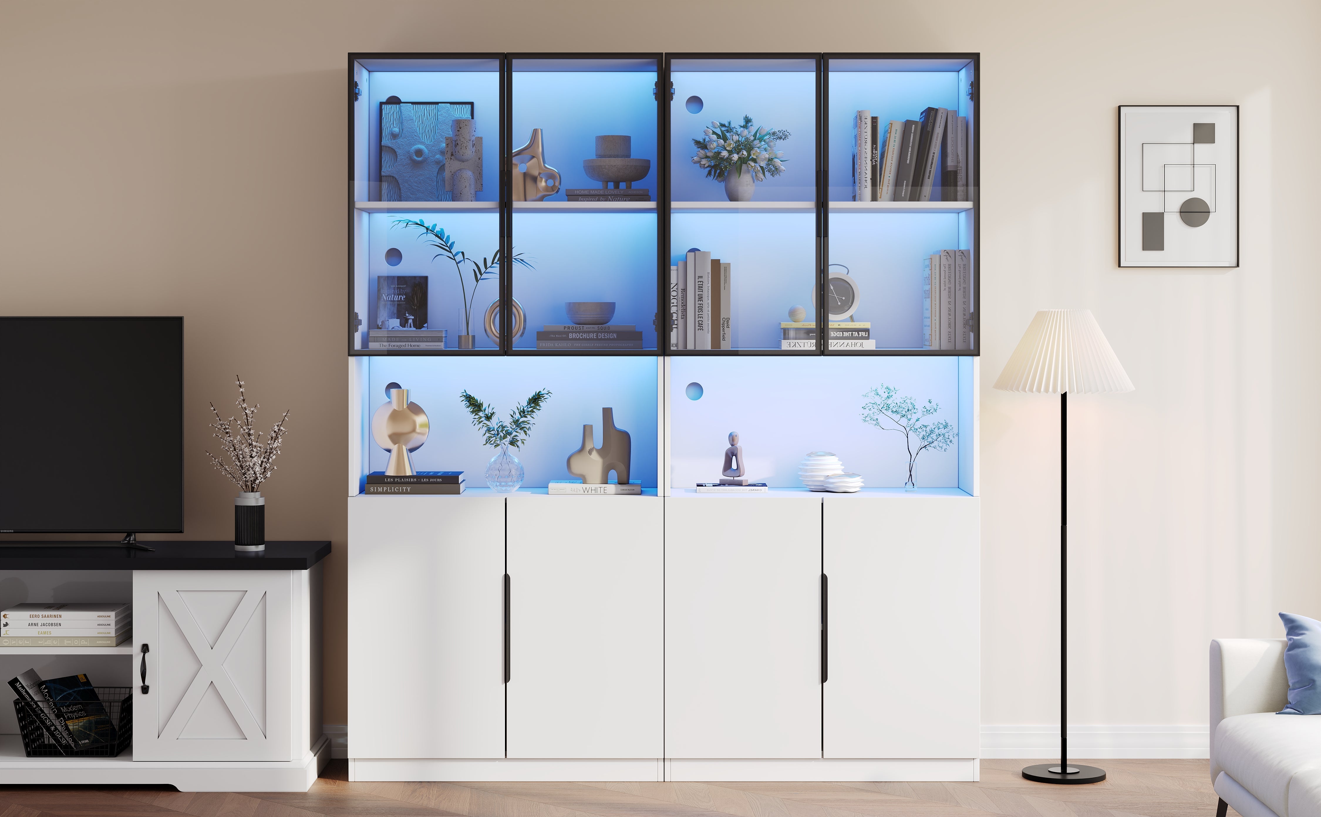 Modern Minimalist Display Cabinet, Glass Doors LED Lights Bookshelf for Collectibles, White