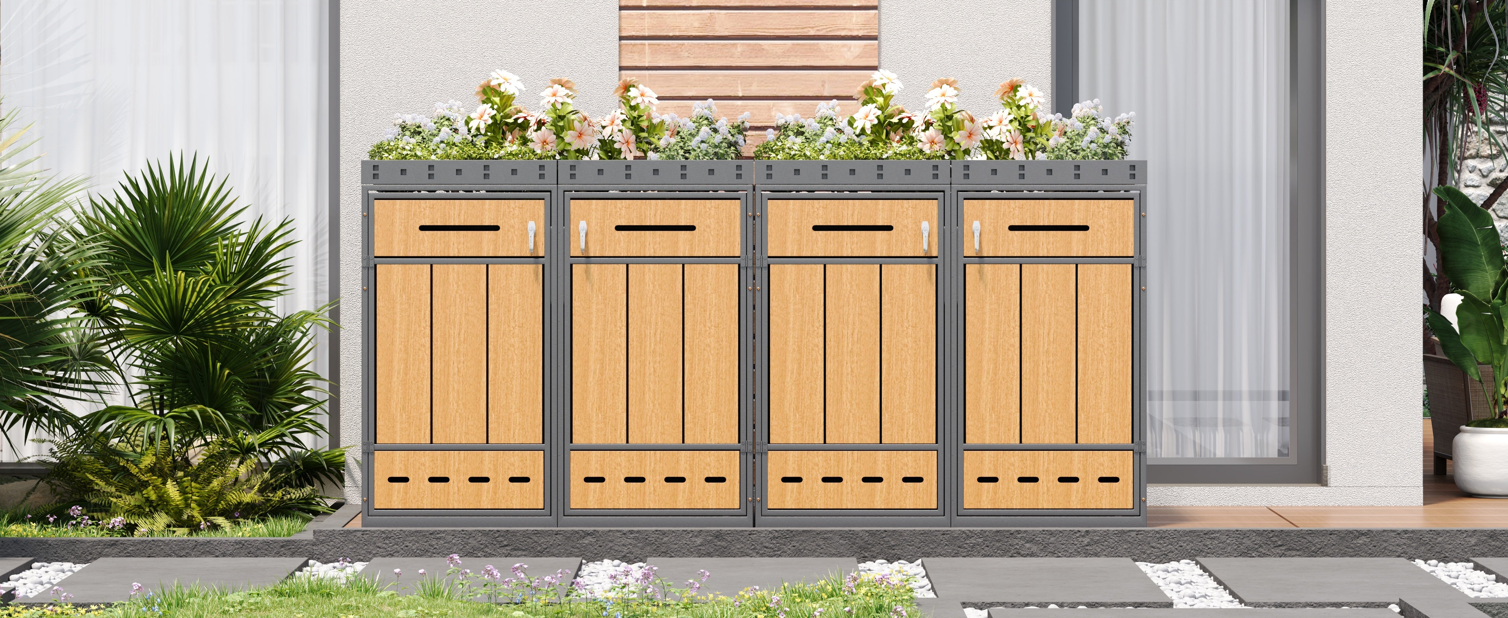 Bin Storage Unit with Green Roof for Four 120-240L Bins, Anthracite Wood-Look