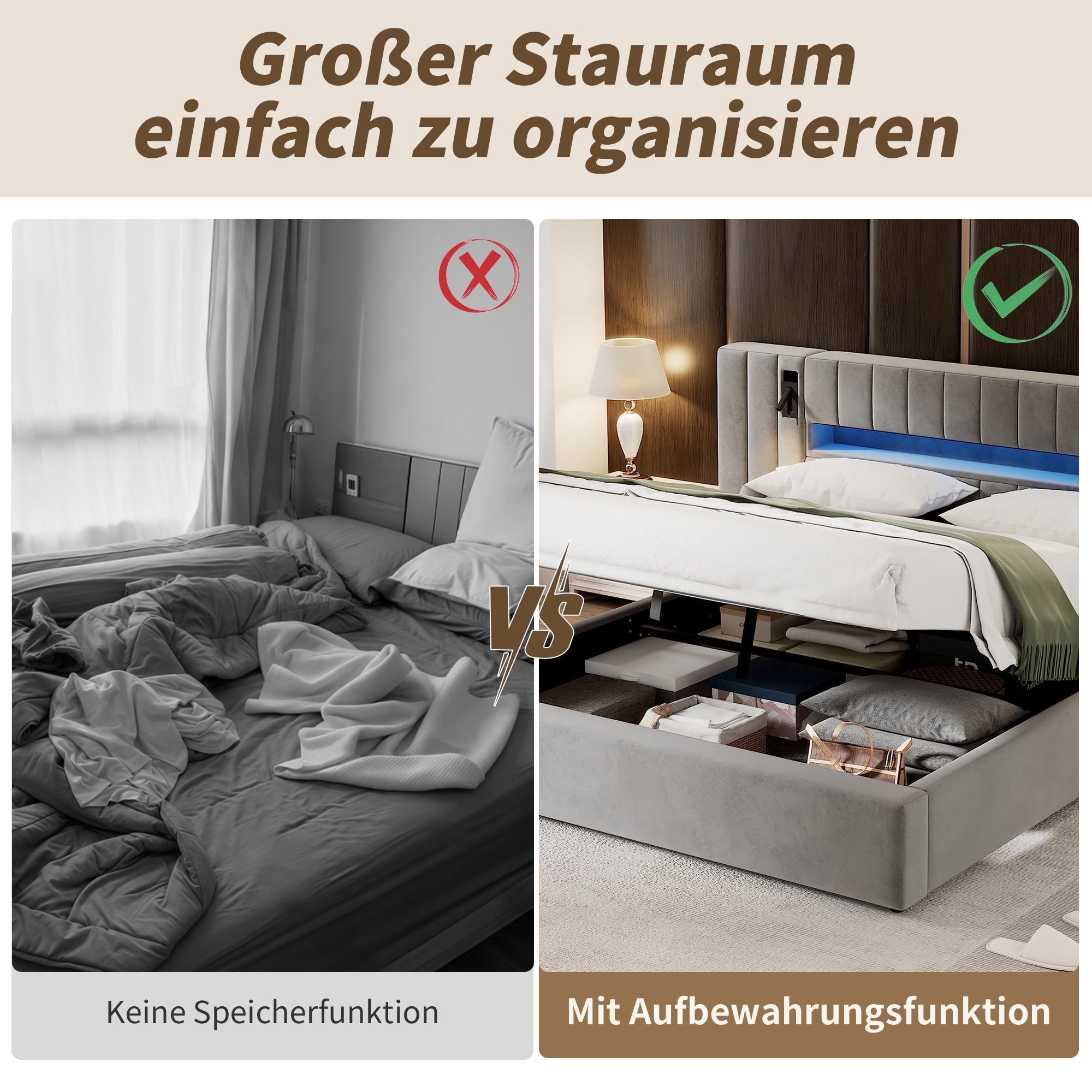 Upholstered Double Bed with USB Port, LED Lighting and Storage, 160x200cm, Grey Velvet
