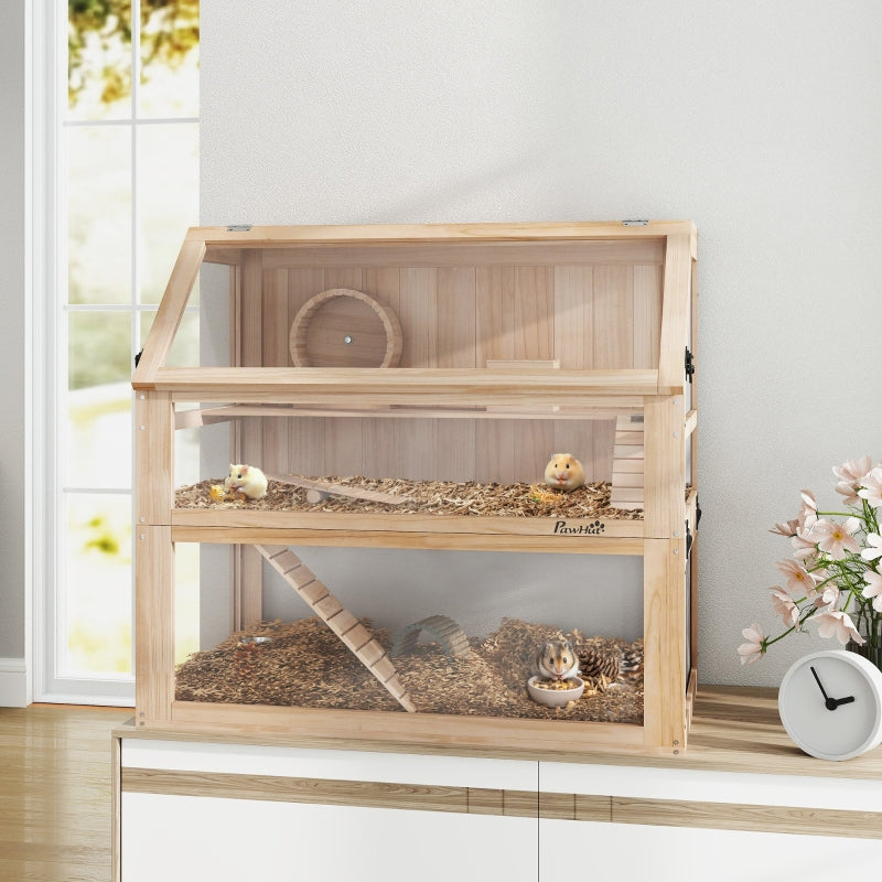 Hamster Cage, 3-Level Nagarium with Running Wheel, Wood