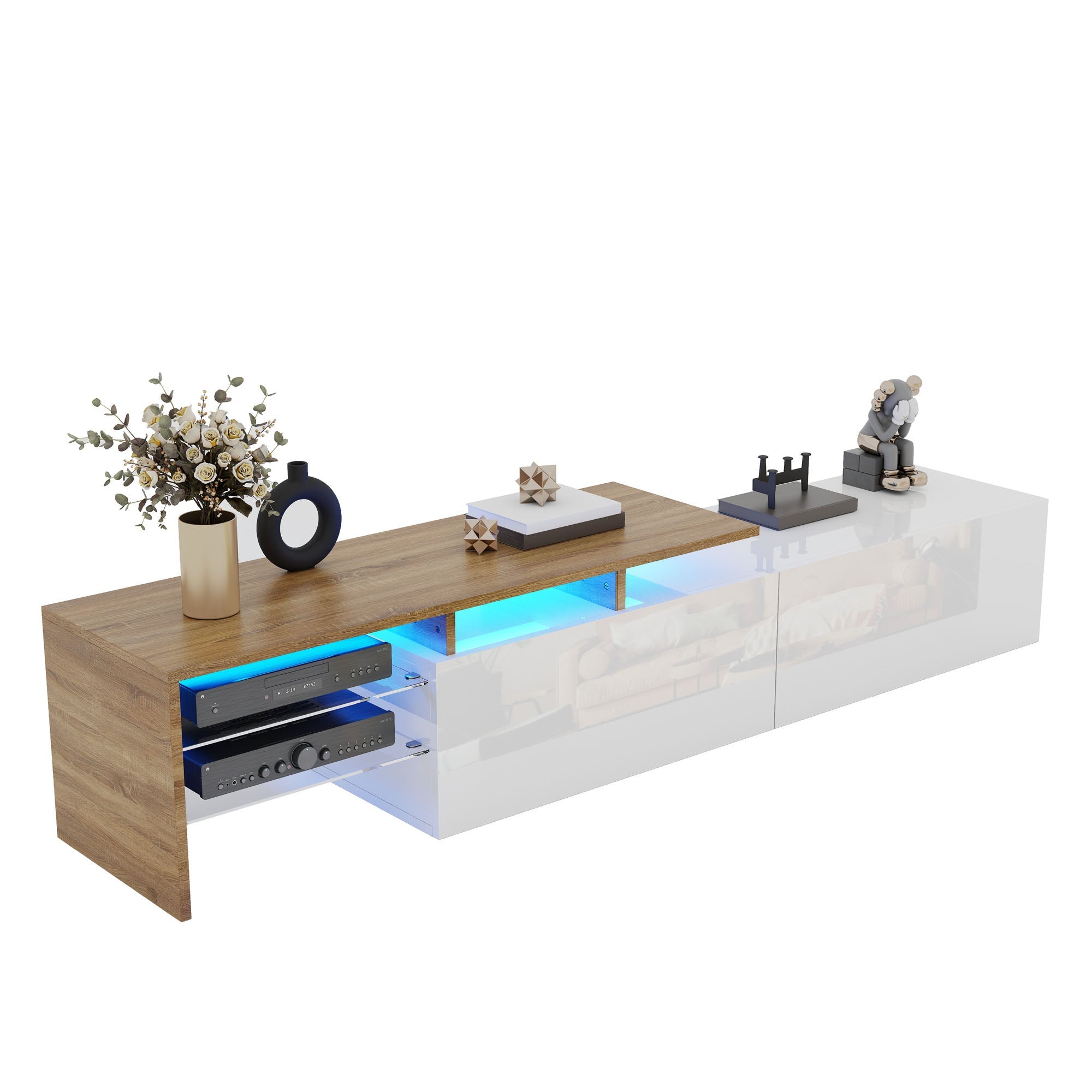 Modern TV Cabinet: Stylish, Elegant, Practical Storage, Glass Shelves, LED Lighting, High-Gloss White and Wood Look