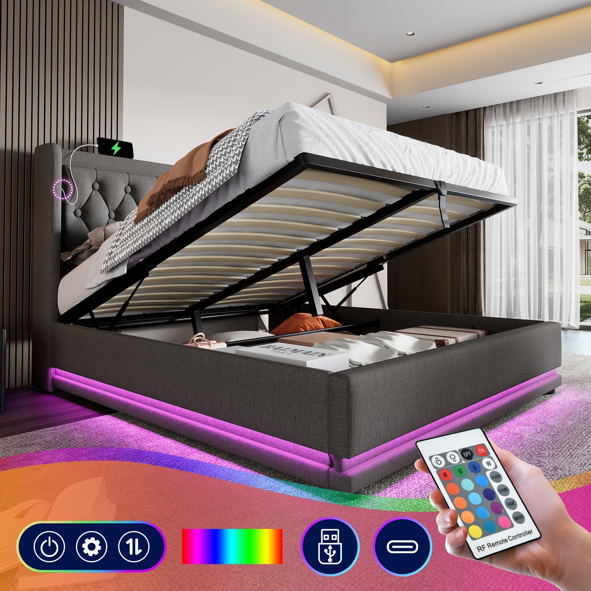 Upholstered Bed, Double with Hydraulic Storage & LED, Gray Cotton