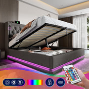 Upholstered Bed Double 140x200 cm, Hydraulic Storage, USB-C Charging, 3-Sided LED, Gray Cotton