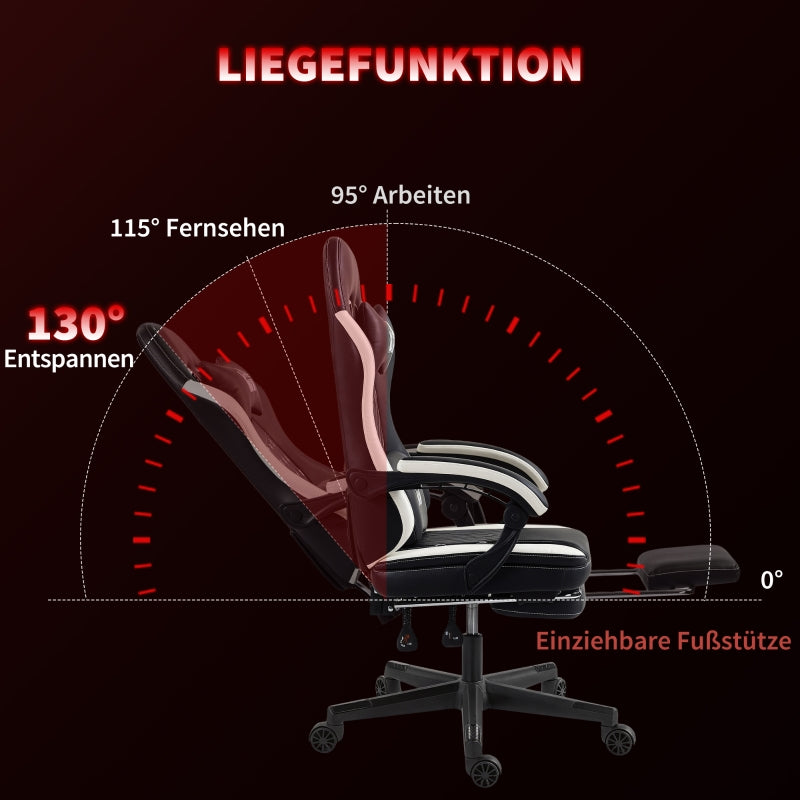 Gaming Chair with Footrest, Headrest & Cushion, Swivel, Adjustable Height Faux Leather Black and White
