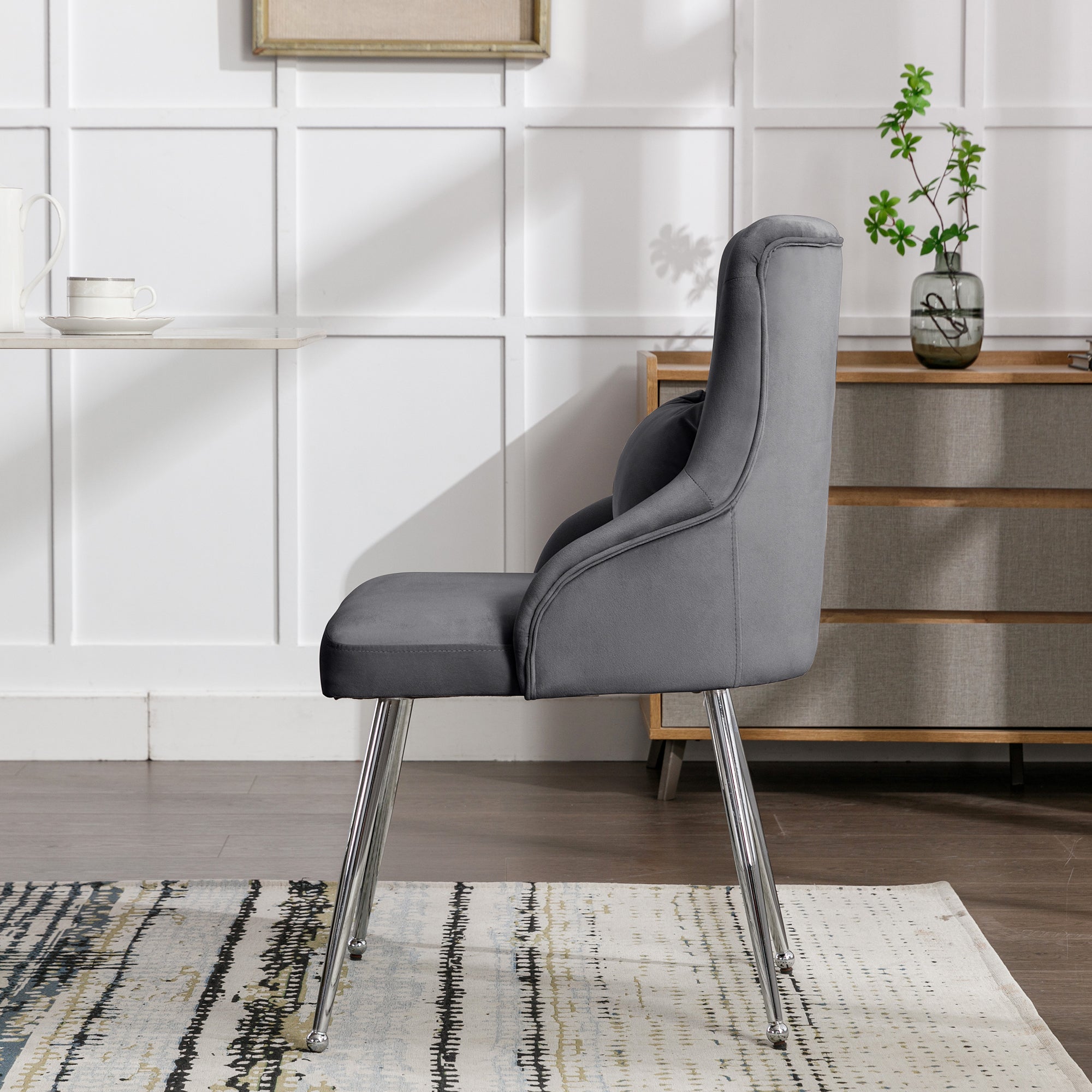 Button Pattern Dining Chair, Upholstered Armchair with Metal Legs, Modern Lounge Chair, Grey