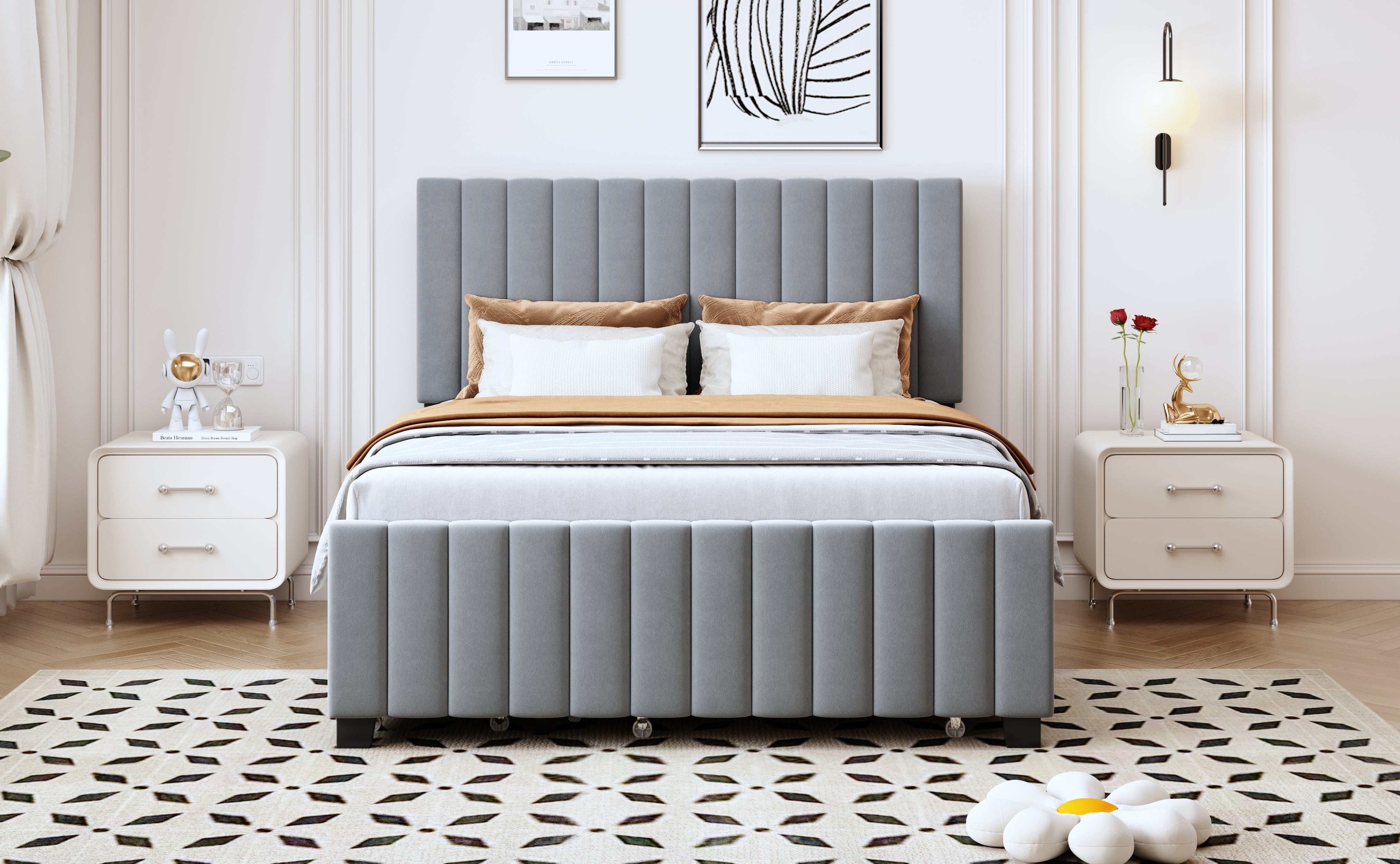 Upholstered Bed 140x190cm, Pull-Out & 2 Drawers, Velvet, Grey