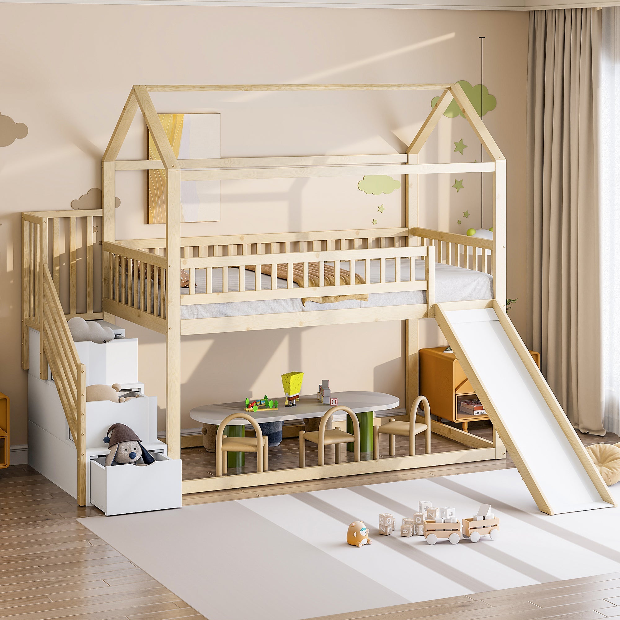 Children's Bunk Bed 90x200cm, Loft with Slide & Storage Ladder, Solid Wood
