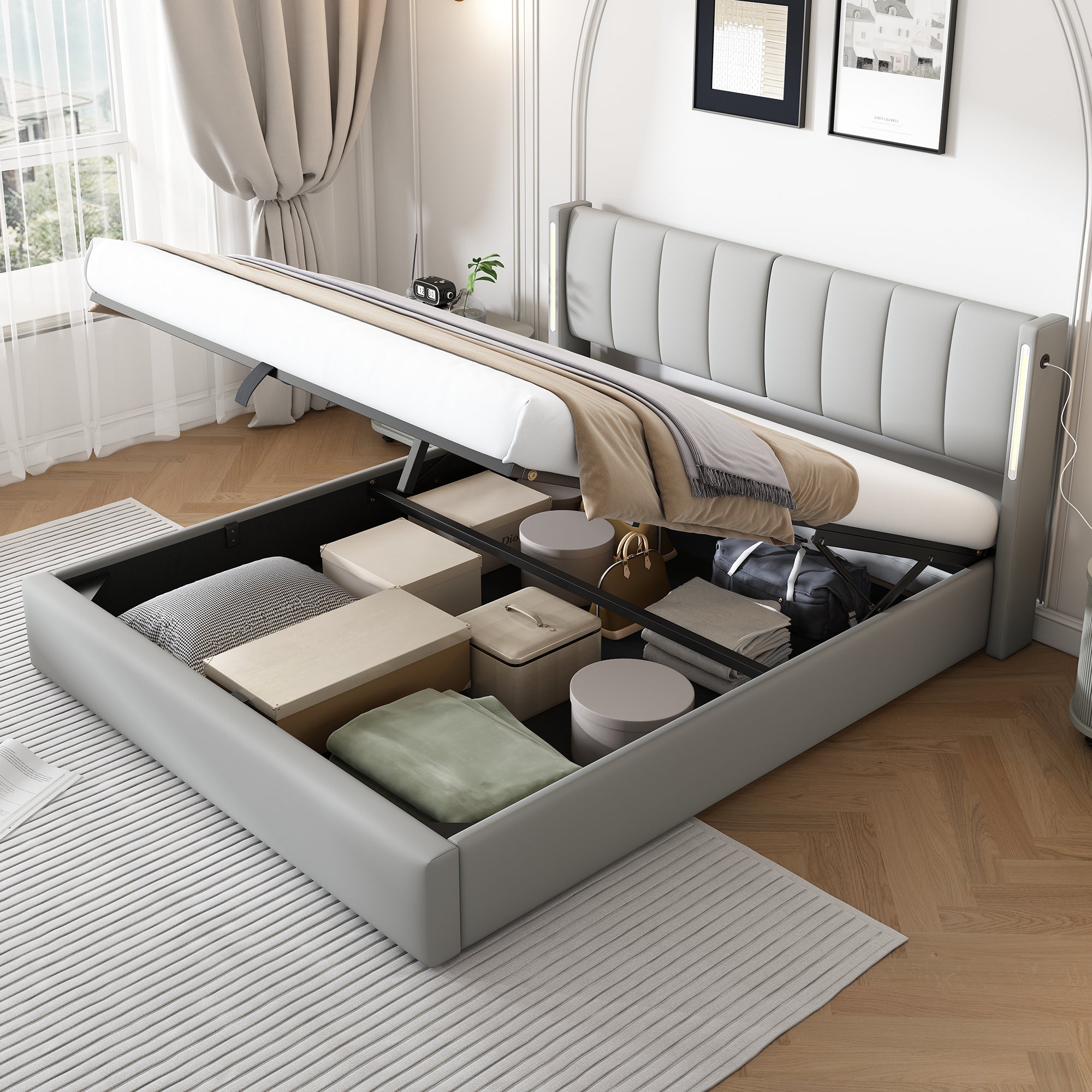 Upholstered Bed 140x200cm Hydraulic Storage LED USB Adjustable Headboard PU Grey
