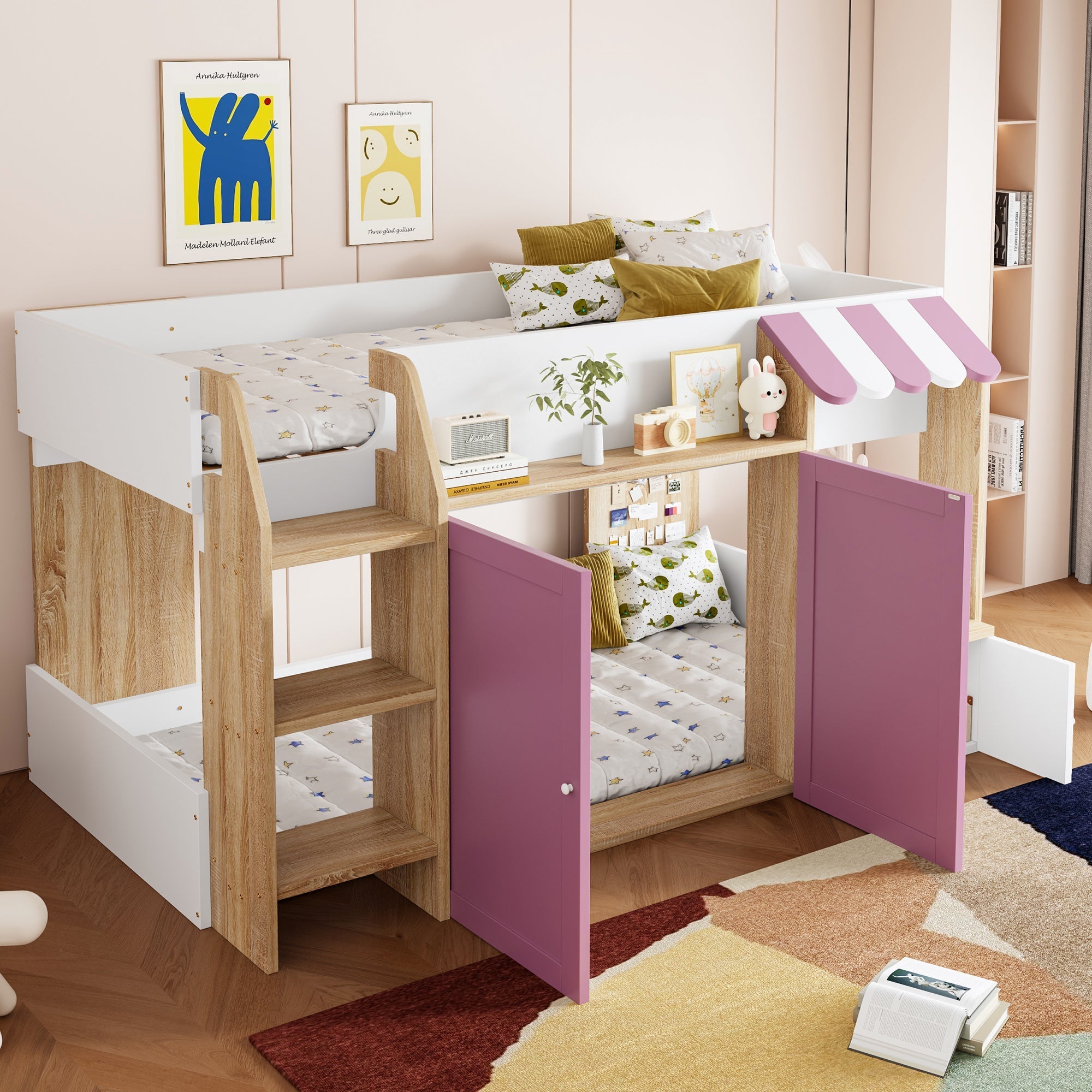 Children's House Bed Mid-Height 90x200 Storage Climbing Ladder - White/Pink Wood