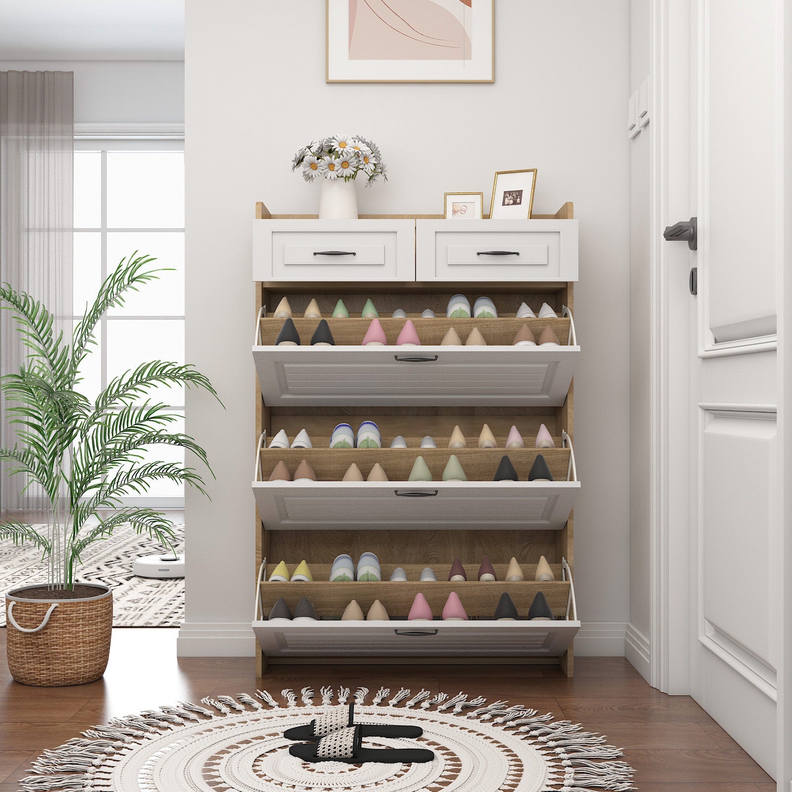 Shoe Cabinet Rotating Shoe Rack with 3 Doors and 2 Drawers Wood