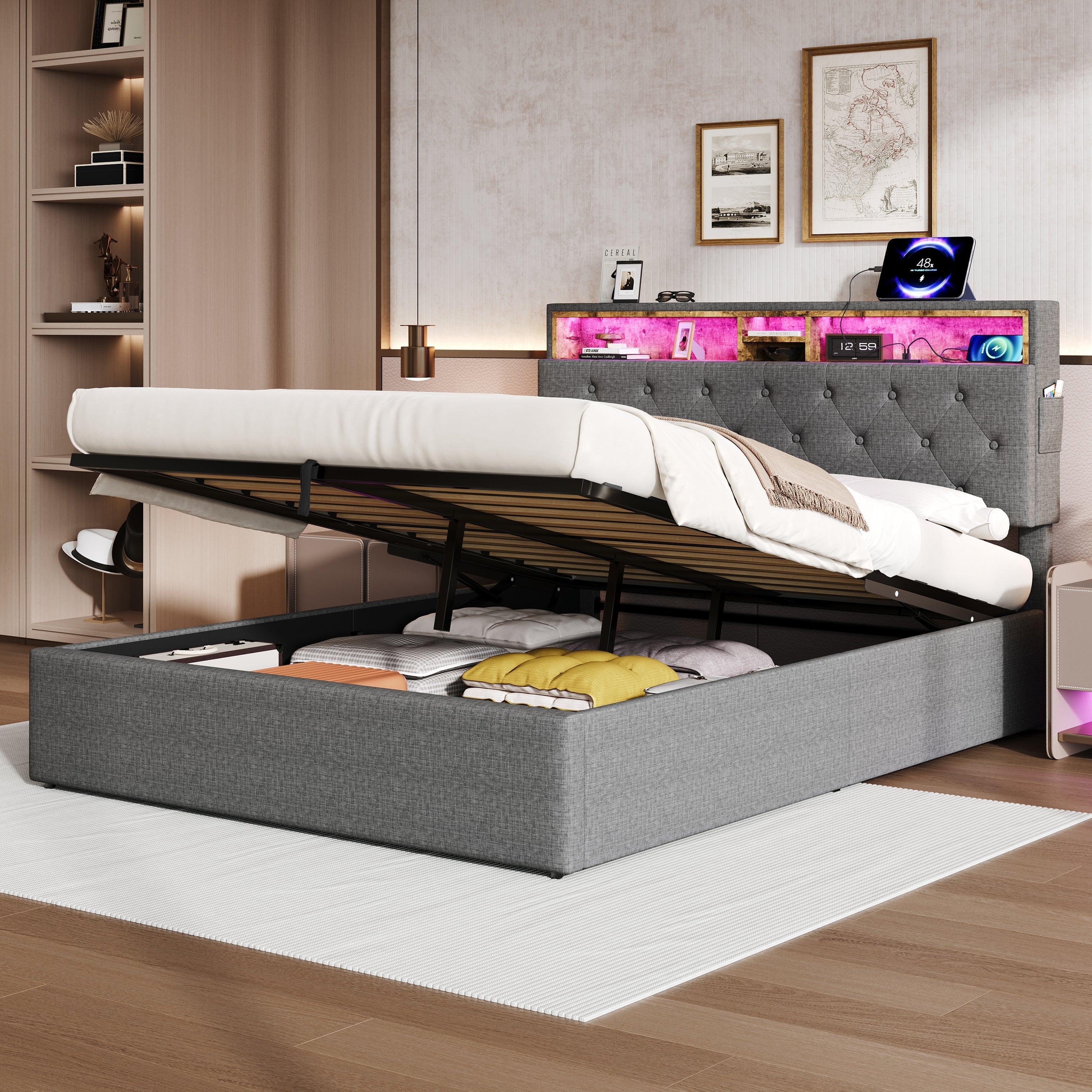 5ft King Upholstered Hydraulic Bed, Headboard Storage & LED Lighting, Linen Grey