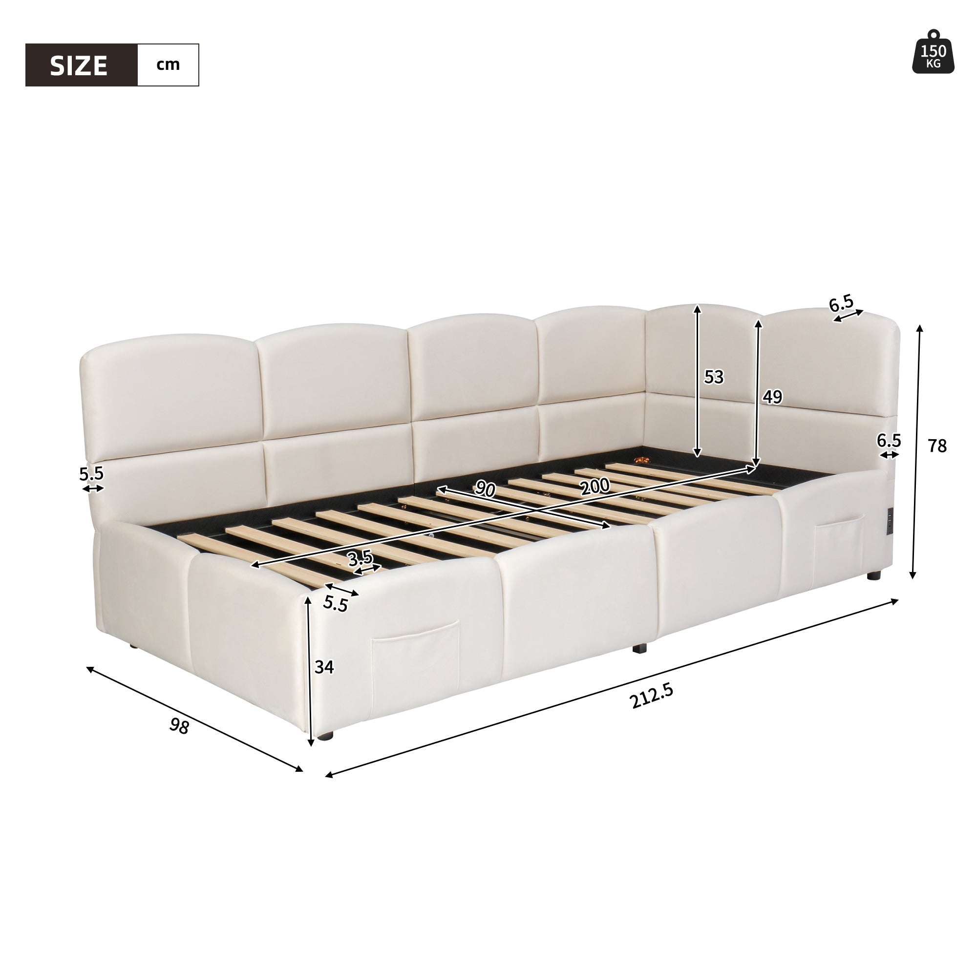 Upholstered Sofa Bed with USB Charger and Storage Bag, 90x200cm, Beige Velvet