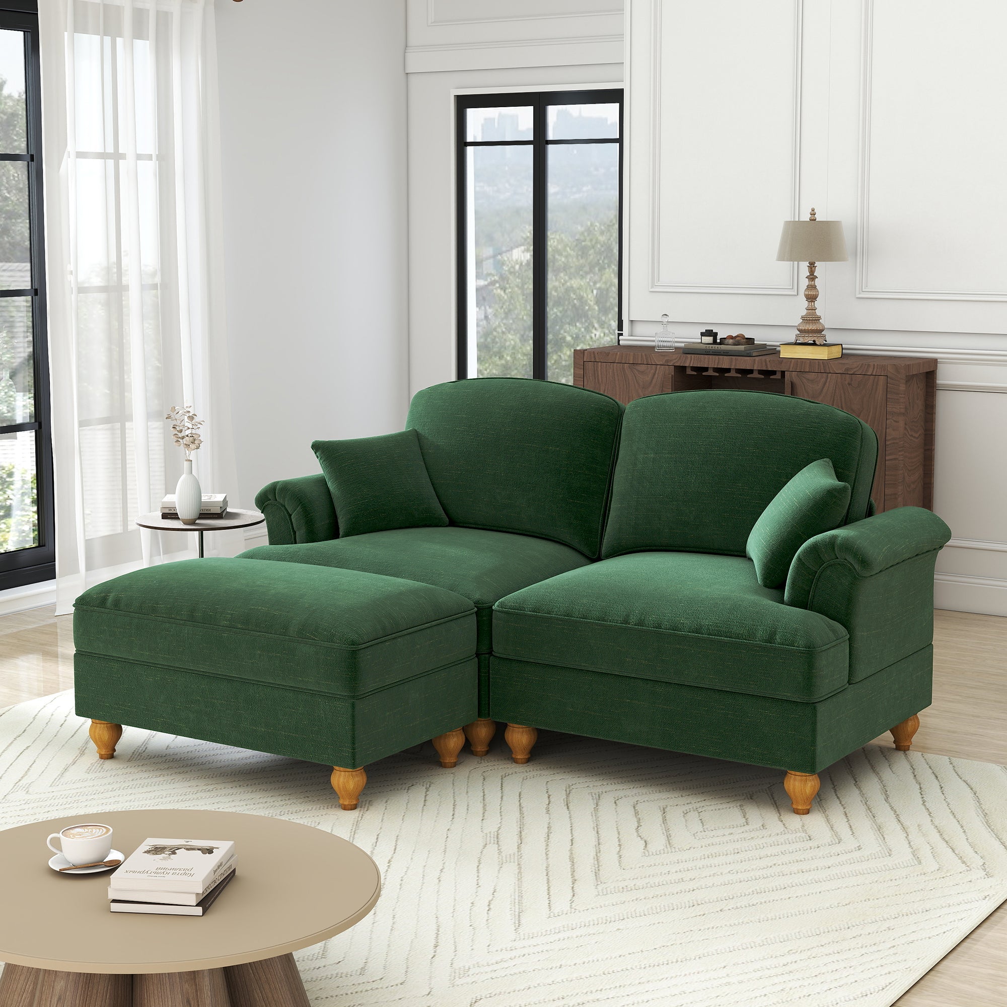 Modular L-Shaped 2-Seater Sofa Mid-Century with Ottoman - Chenille Green