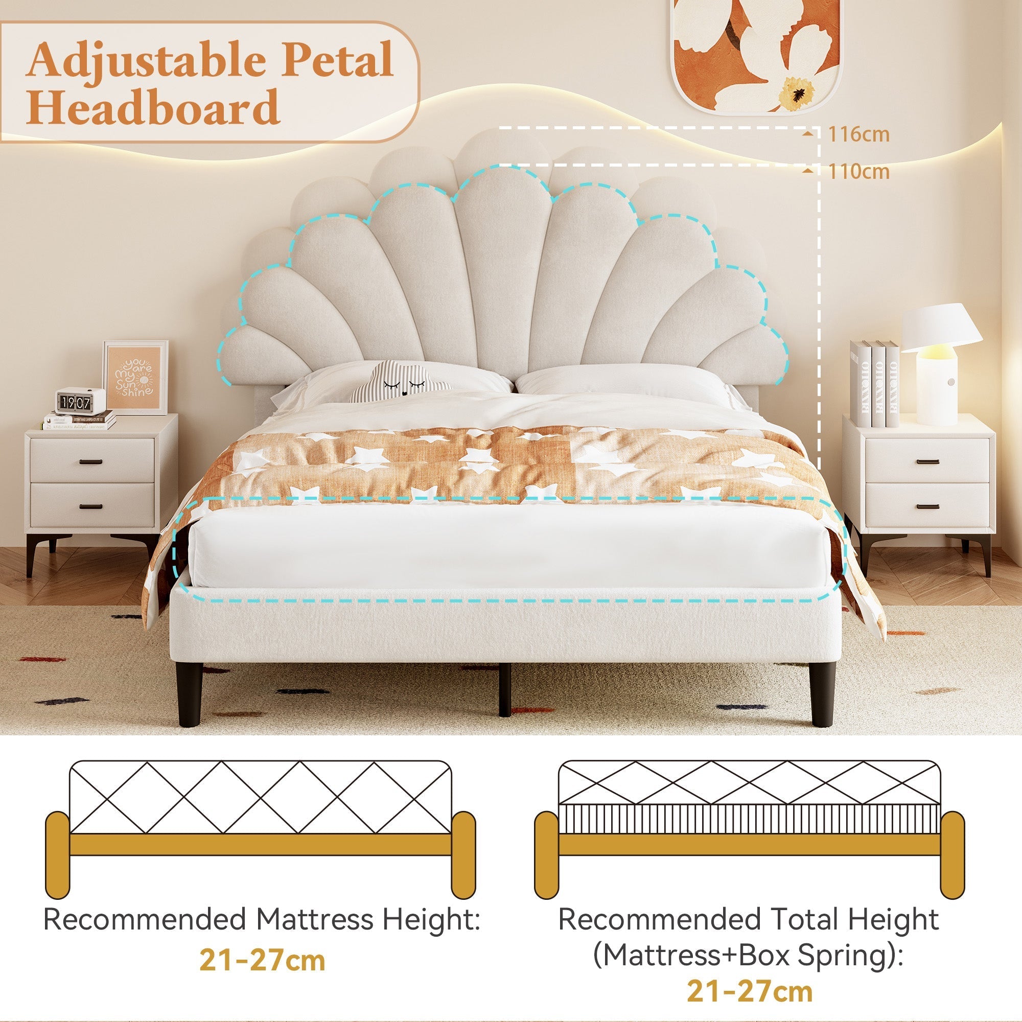 4ft6 Double Upholstered Velvet Bed Frame, Adjustable Chic Petal Headboard, Beige