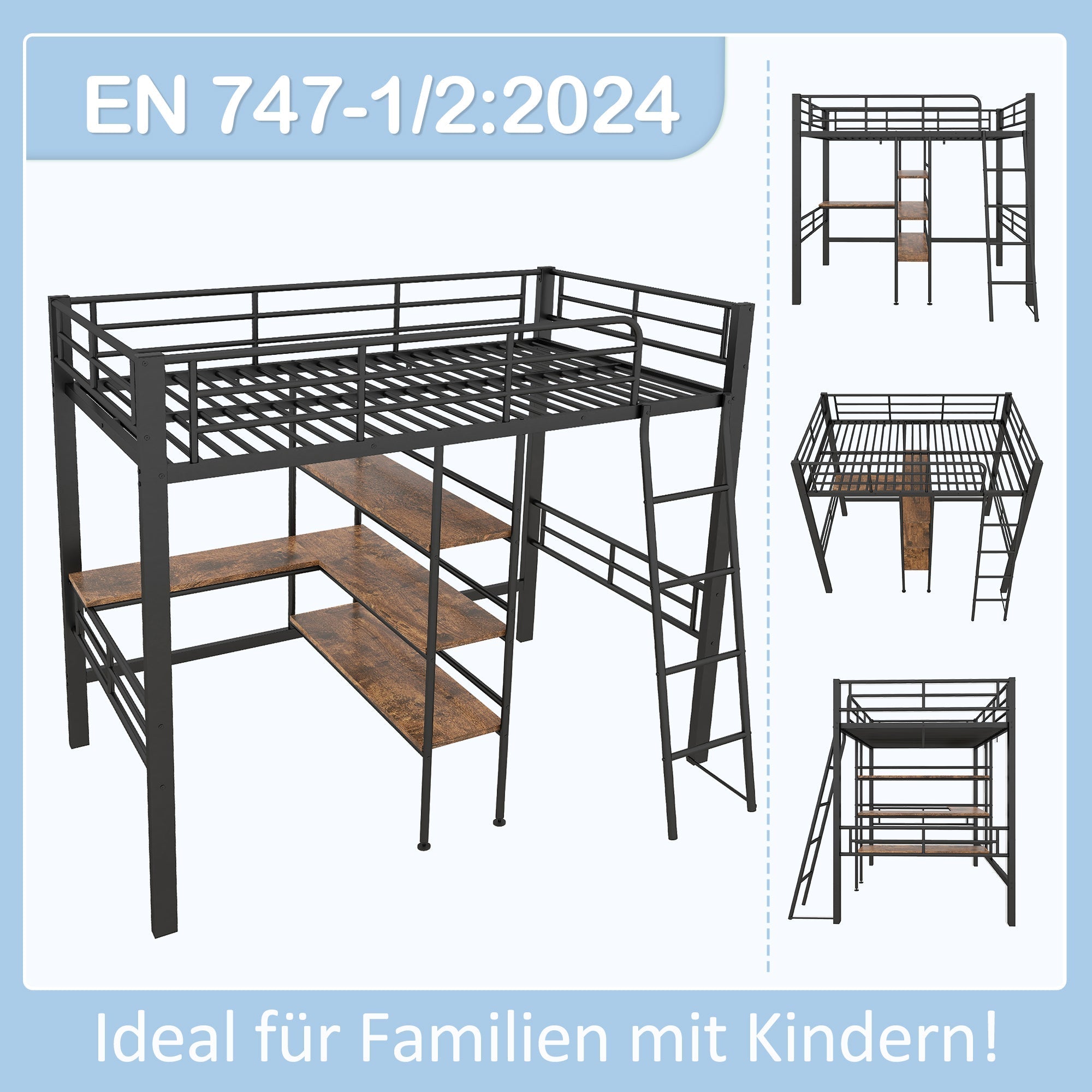 Loft Bed 90x200cm Iron Frame with Desk Multiple Shelves Black