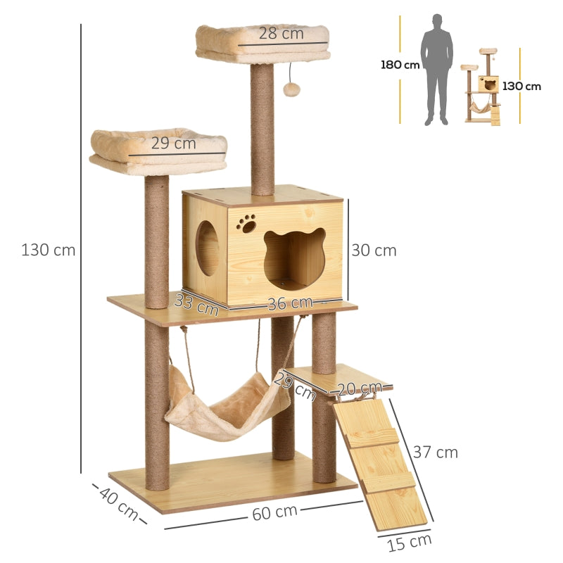 Cat Tree, 130cm Multi-Level Plush Cat Tower with Scratching Posts, Perches, House, Hammock