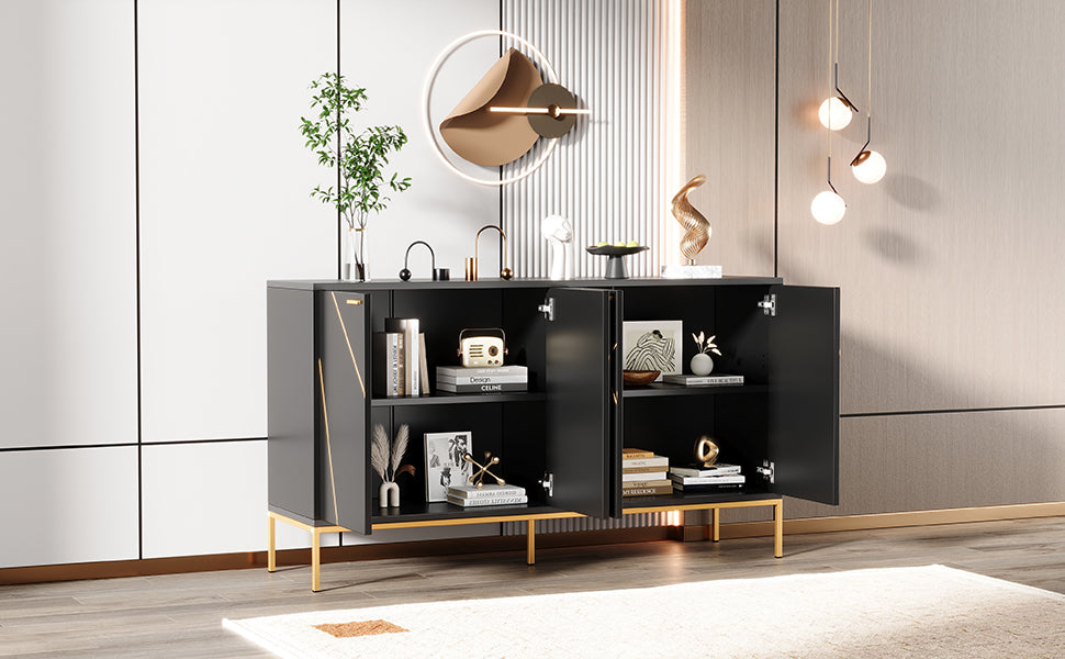 Sideboard four doors metal feet TV cabinet wardrobe linear design black and gold