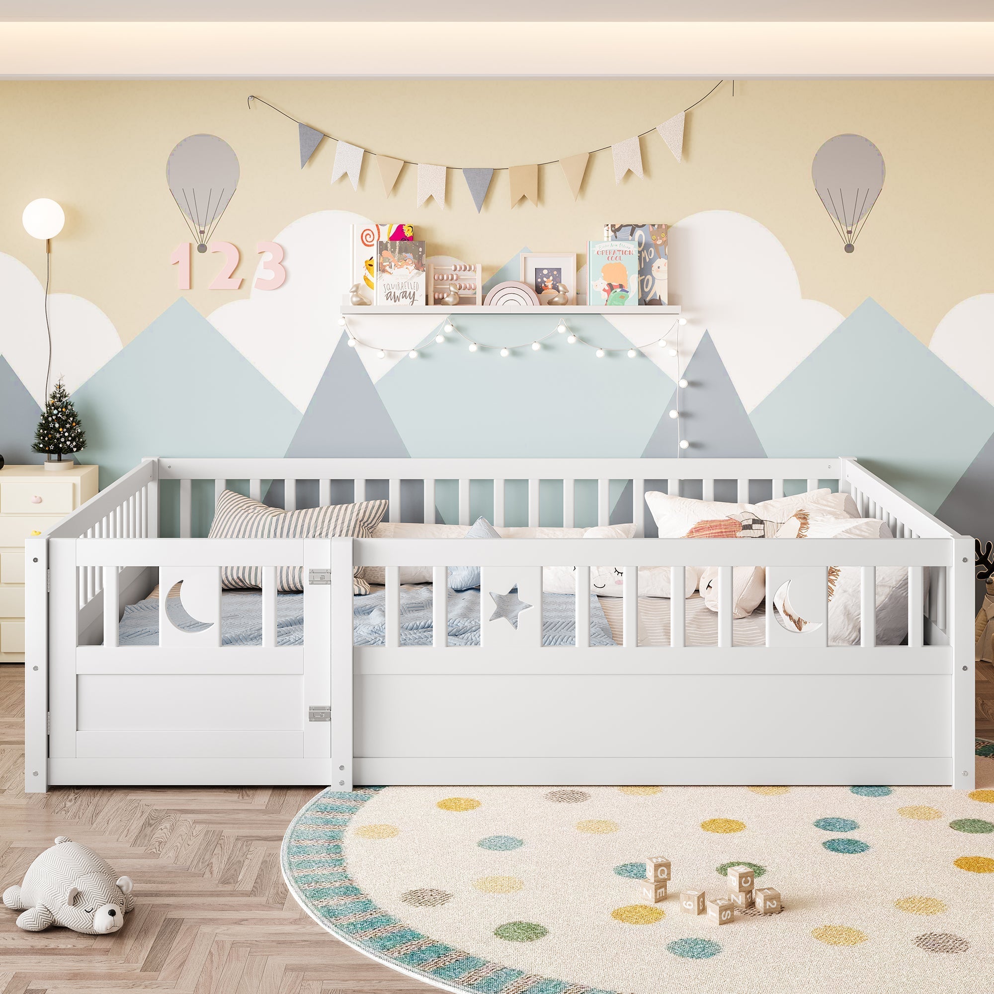 Panel Bed 140x190cm Children's Railing Star & Moon - White