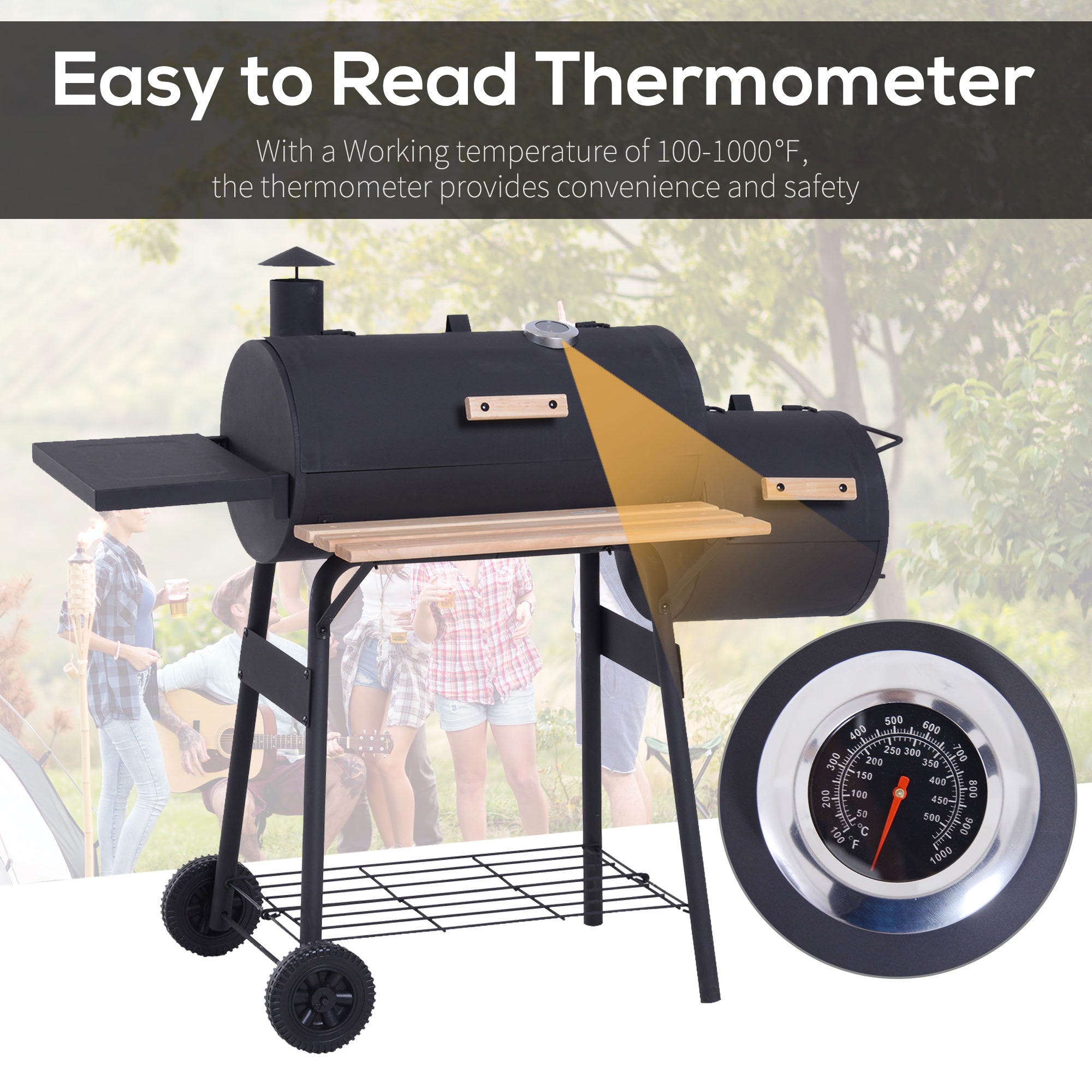 Portable Charcoal BBQ Grill, Cold-rolled Steel & Solid Wood, Black