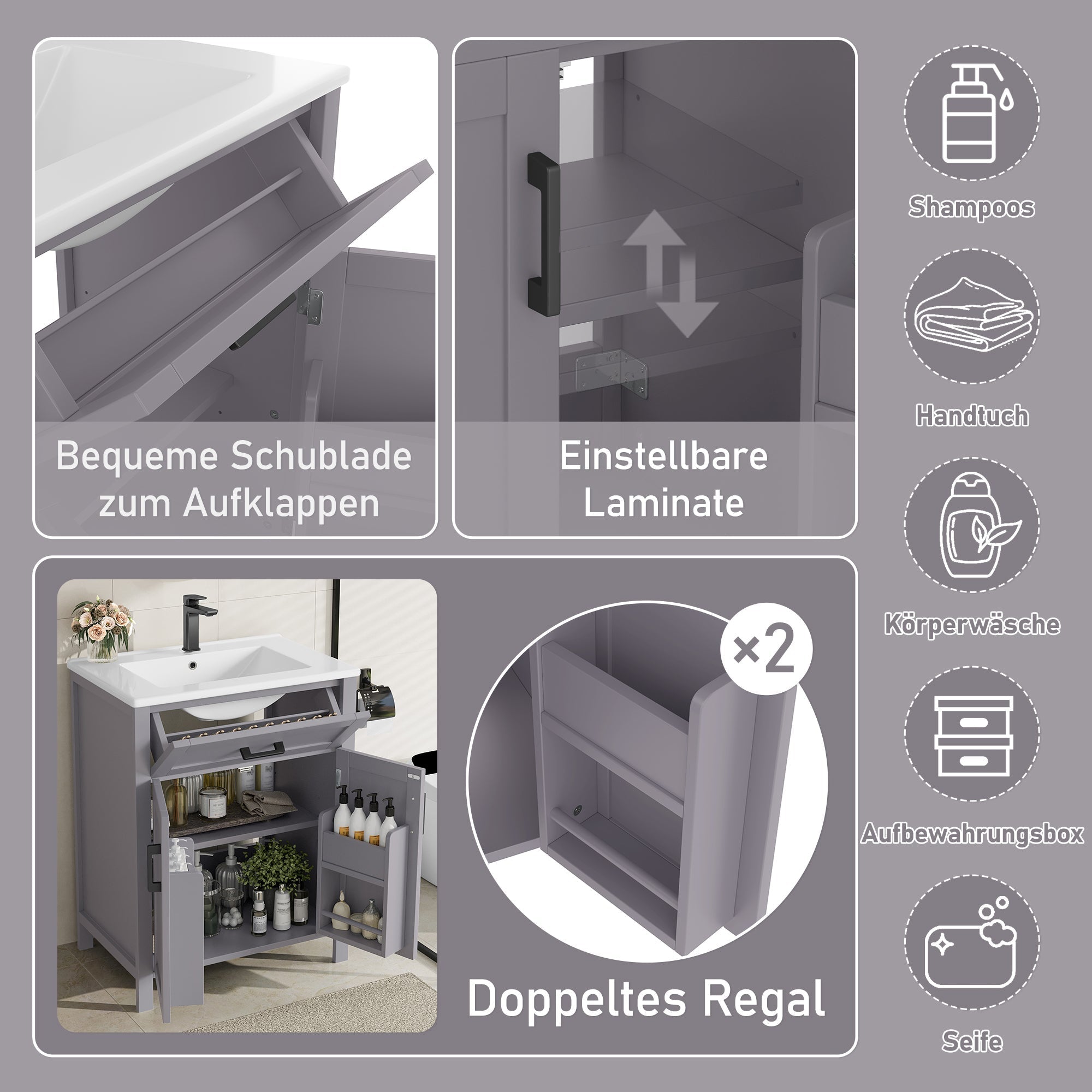 Bathroom Vanity Unit with Integrated Ceramic Sink and Storage Shelves, Grey