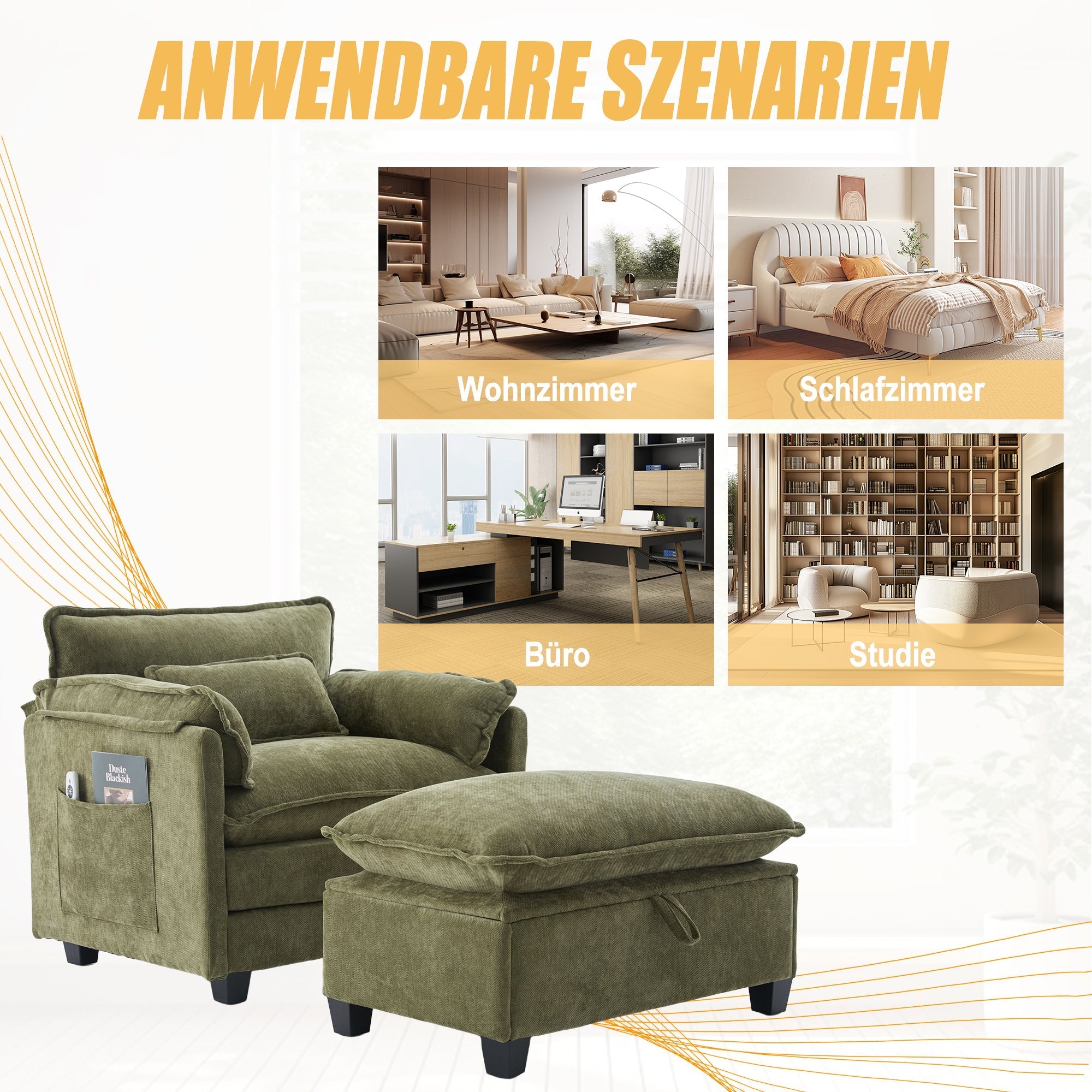 Armchair, Oversized with Footrest, Stool, Side Pockets, Cushions - Velvet
